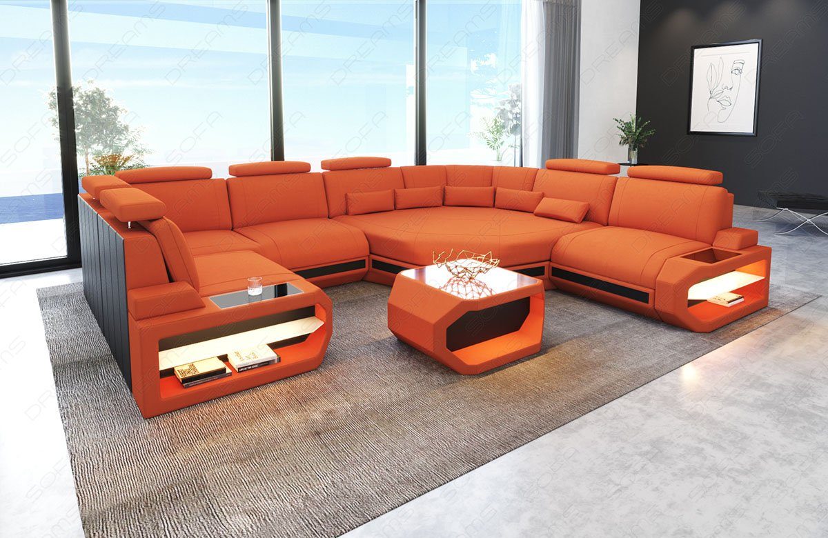 Sofa Dreams Wohnlandschaft Polster Sofa Stoff Couch Asti U Mini Stoffsofa mit, LED, USB C94 Orange-Schwarz