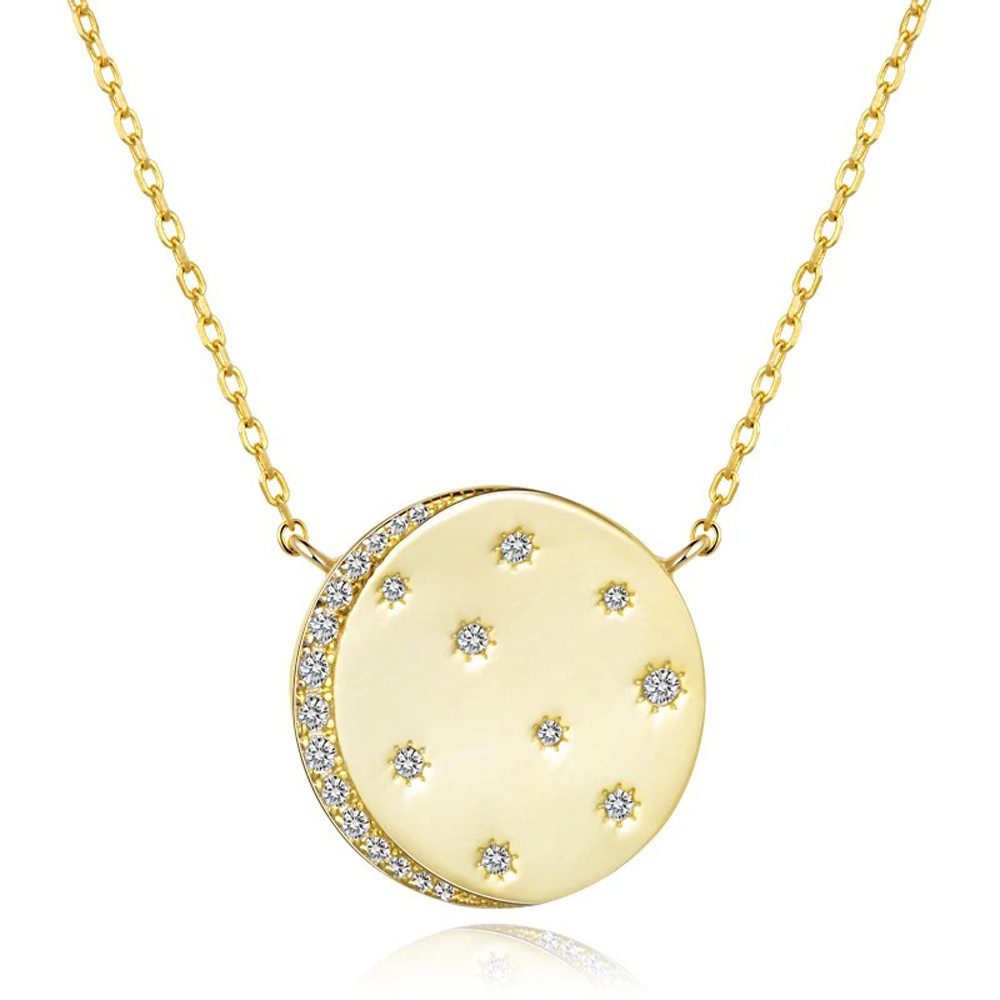 Runde Perlé Kette mit Anhänger mit Gravur Universum mit Mond und Sternen, "Ich Liebe Dich" Gravur, "Believe" Gravur, 925er Silber, 14K Gold, Zirkon