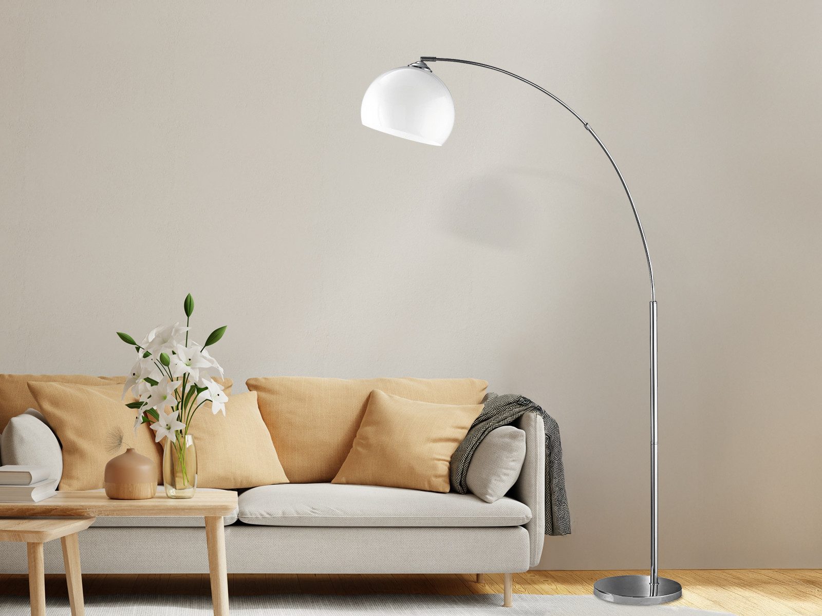 Reality Leuchten LED Bogenlampe, Dimmfunktion, LED wechselbar, Warmweiß, Bauhaus Bogen-stehlampe Esstisch große Ausladung ge-bogen, Höhe 180cm