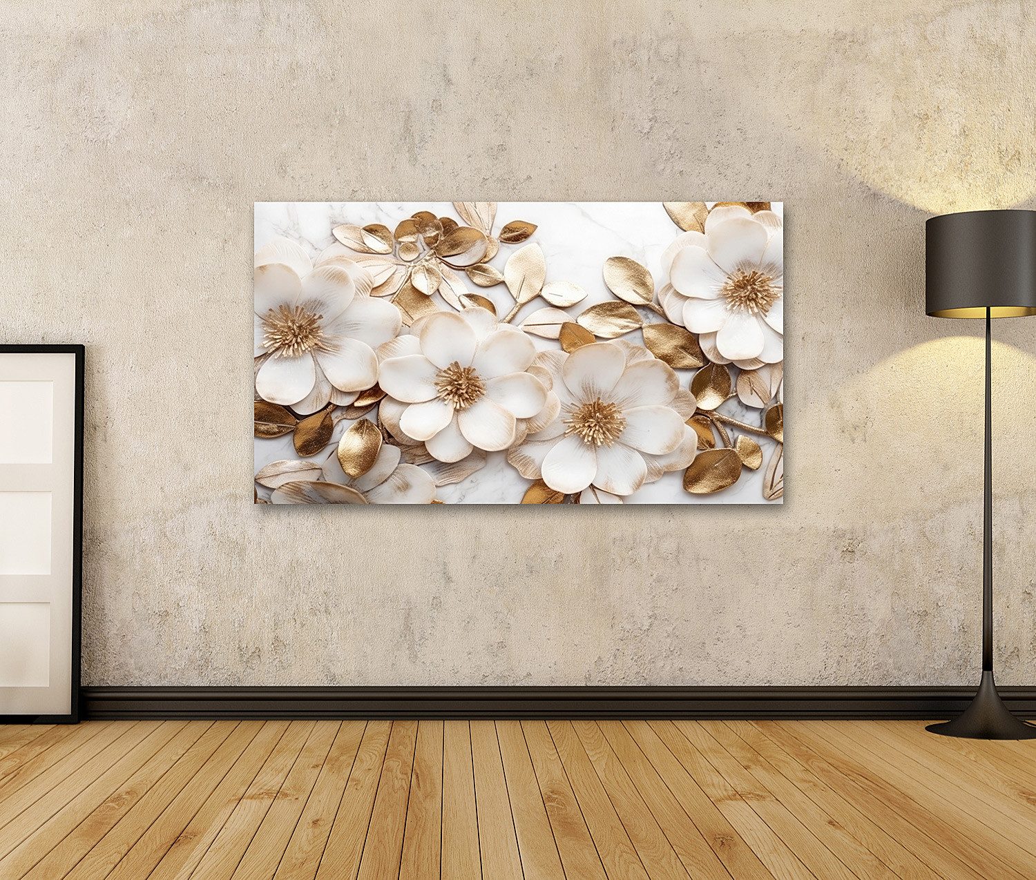 islandburner Leinwandbild Marmor Textur Weiß Gold Farben Goldene Blumen Lux günstig online kaufen