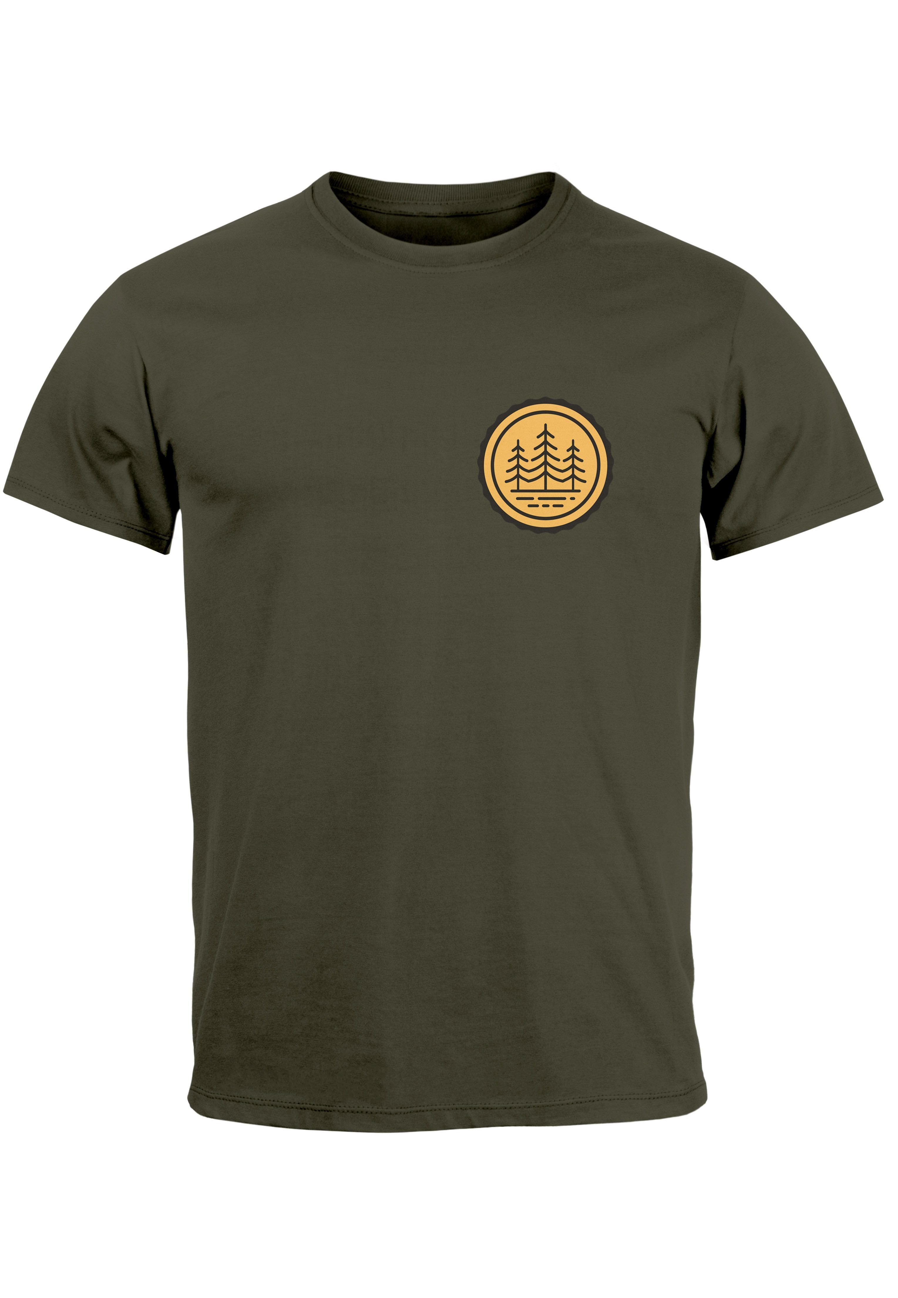 Neverless Print-Shirt Herren T-Shirt Wald Bäume Logo Badge Naturliebhaber Outdoor Fashion St mit Print army