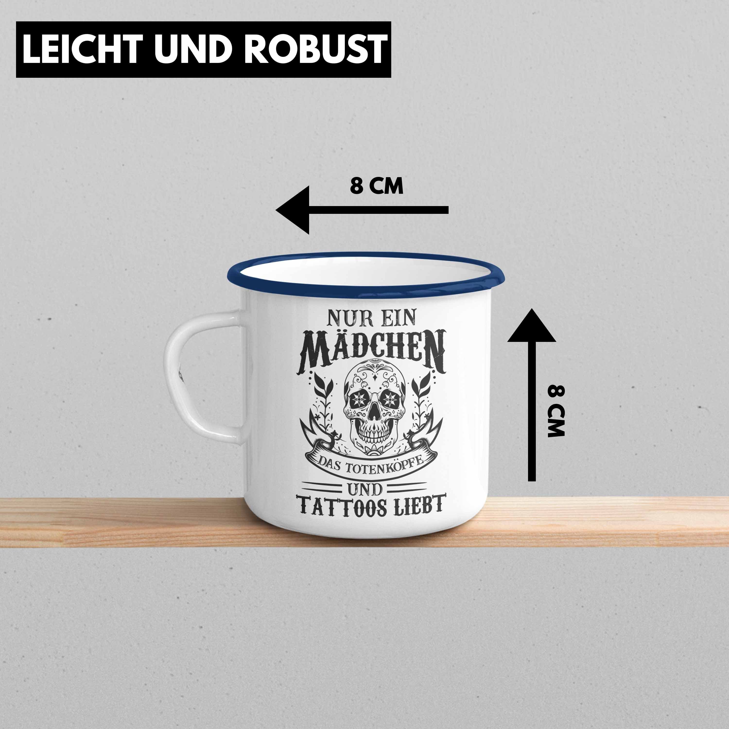 Trendation Thermotasse Trendation Totenkopf Geschenk KaffeeEmaille - Tätowiererin Tasse Blau Tattoo Tattoos Tasse Tassen Emaille Emaille Frauen