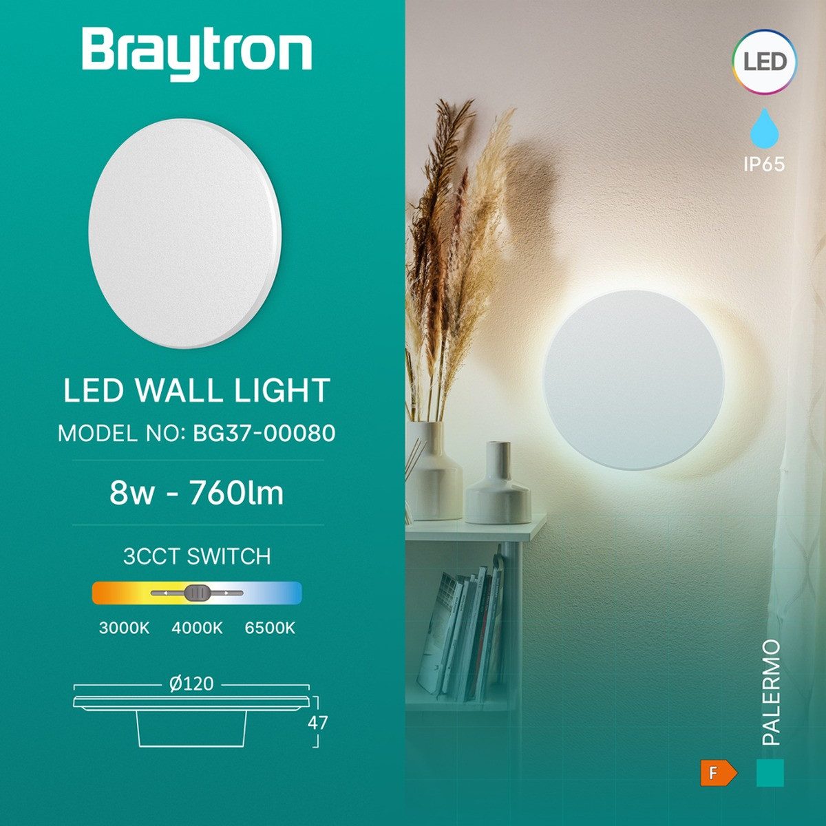 Braytron LED Wandleuchte Designer Wandlicht indirekte Beleuchtung 8W klein Ø12cm, LED fest integriert, Neutralweiß, Kaltweiß, Warmweiß, Energieeffizient, Flimmerfrei, Langlebig, Spritzwassergeschützt, 3CCT