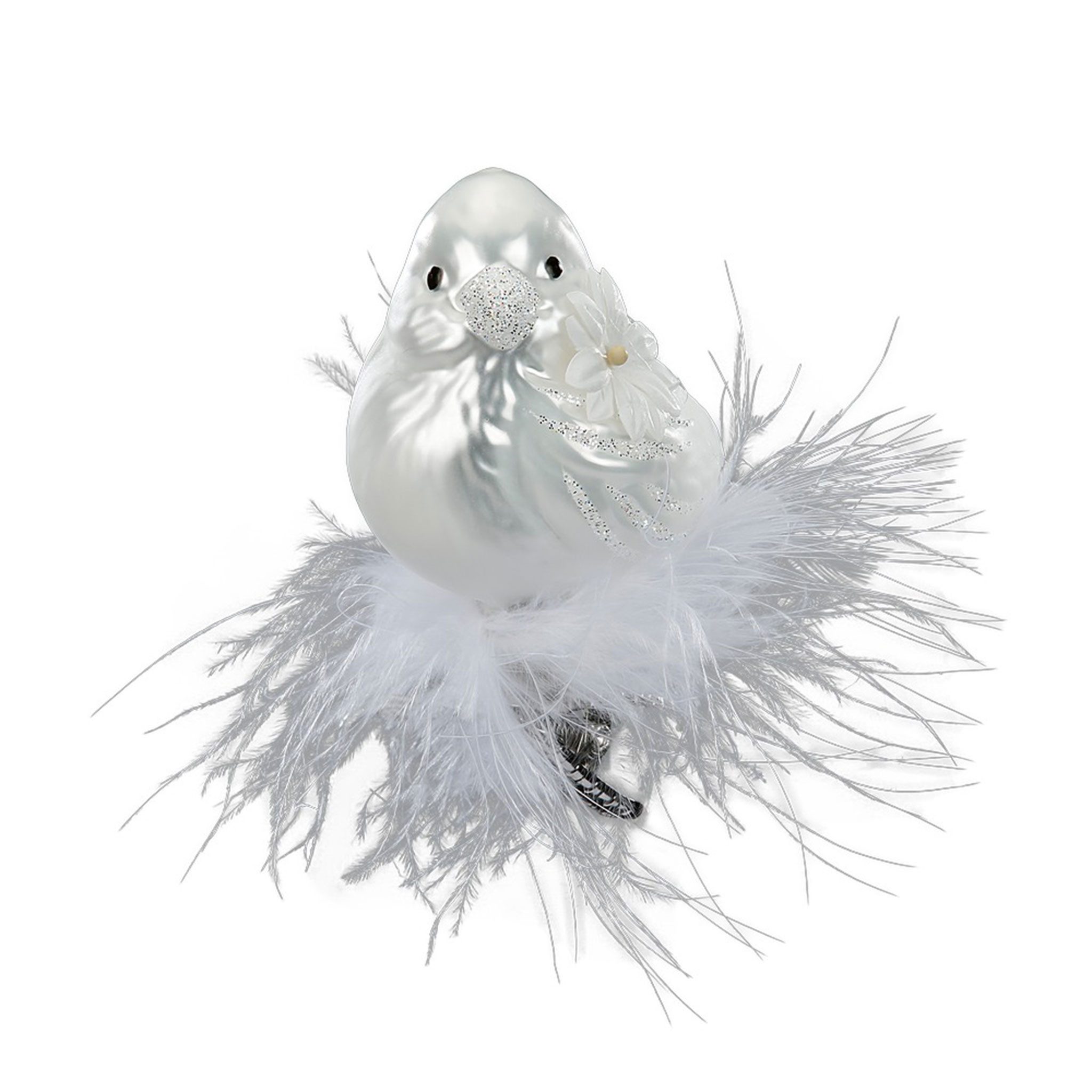INGE-GLAS® Christbaumschmuck, Christbaumschmuck Glas Vogel mit Glitzerblume auf Clip 7cm Weiß