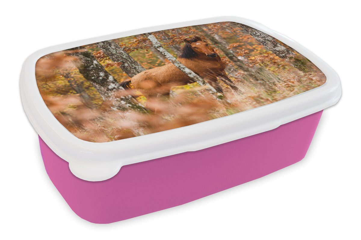 MuchoWow Lunchbox Pferd - Wald - Braun, Kunststoff, (2-tlg), Brotbox für Erwachsene, Brotdose Kinder, Snackbox, Mädchen, Kunststoff rosa