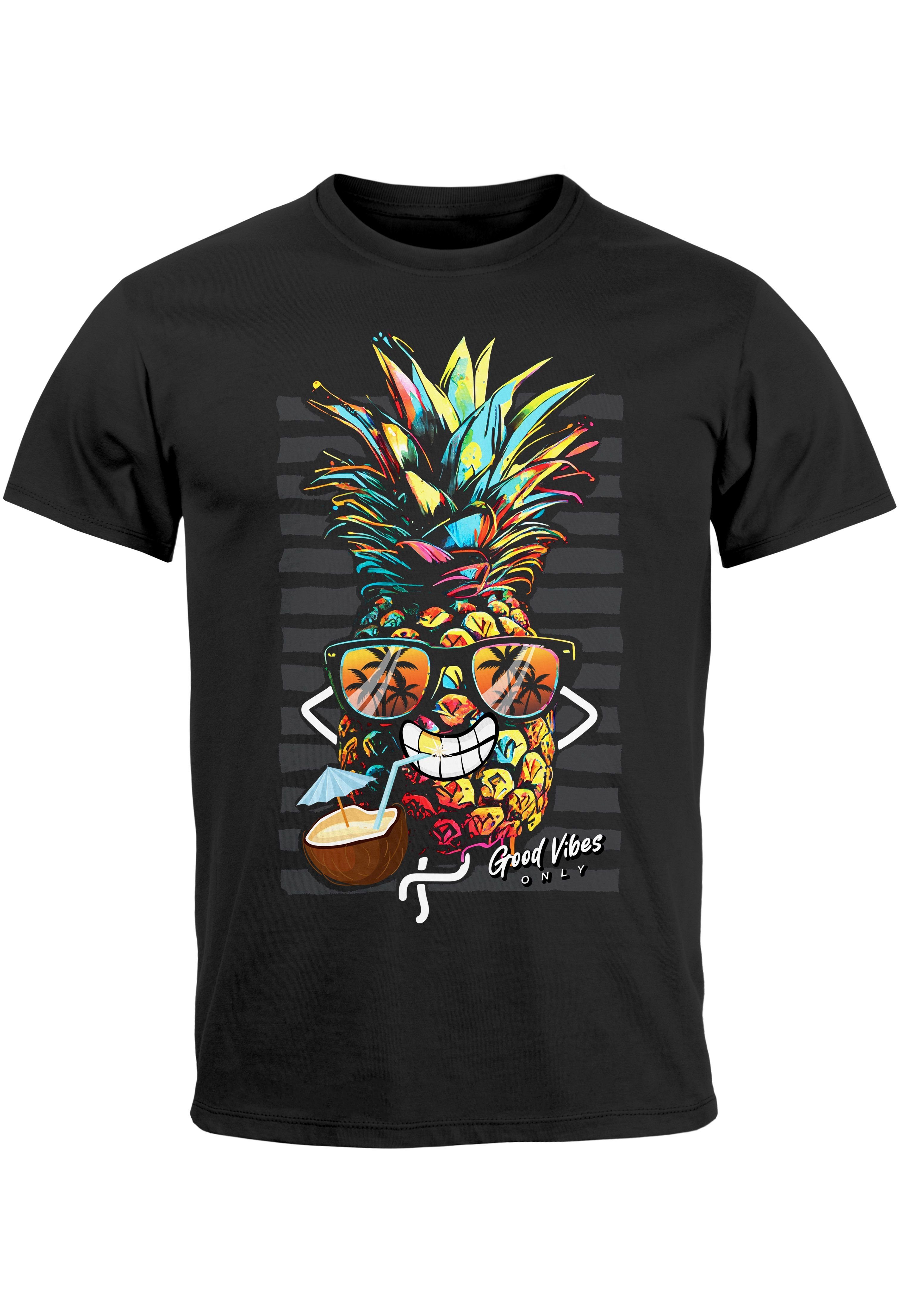 Neverless Print-Shirt Herren T-Shirt Ananas Good Vibes Sommer Sonne Party Cocktail Fashion S mit Print