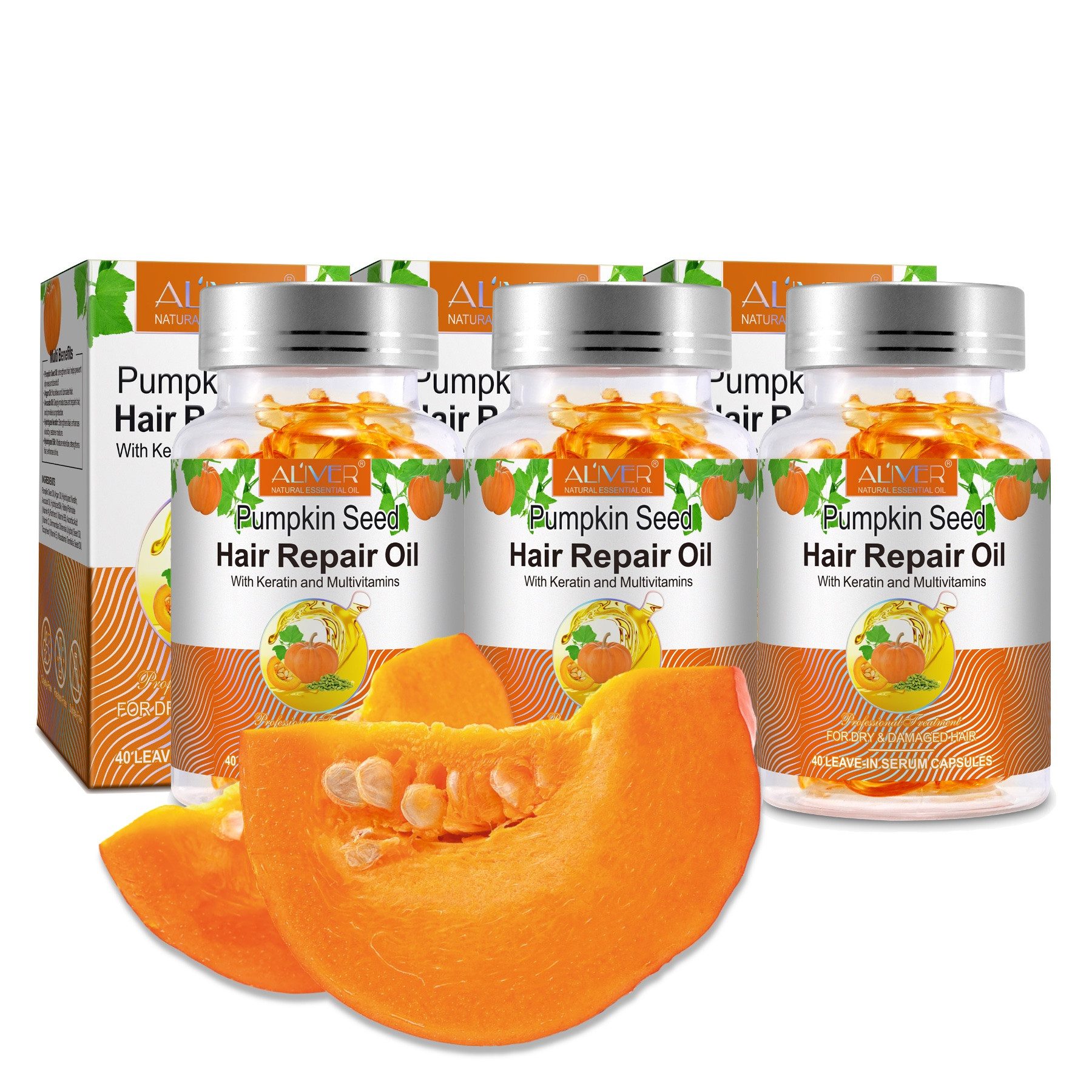 ALIVER Haaröl Kürbiskernöl Haarwachstum Haarpflege in Kapseln Vegan, 3-tlg.