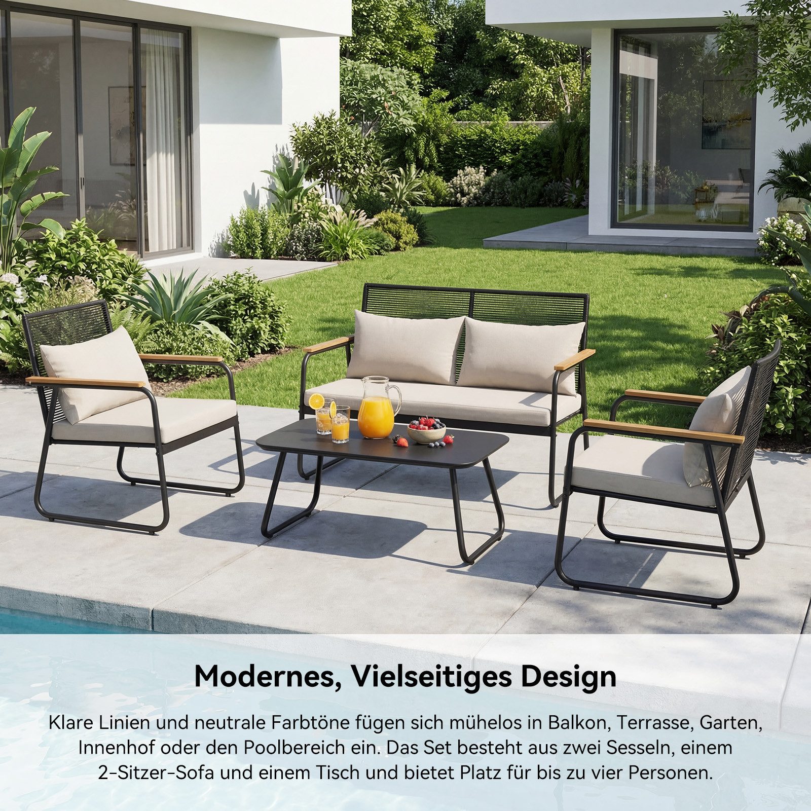 HOMAVO Gartenlounge-Set mit Couchtisch, 4-Sitzer aus Polyrattan, wasser- & UV-beständig, hohe Belastbarkeit, für Balkon, Terrasse & Garten