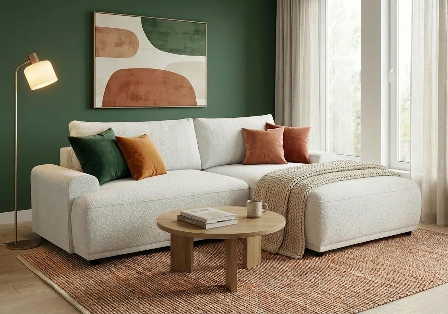 TRENDMANUFAKTUR Ecksofa Fordon, Schlafsofa mit Bettkasten, Couch in L-Form, Breite 250 cm, in Struktur fein LEO, haustierfreundlich, wollweiß, Recamiere rechts