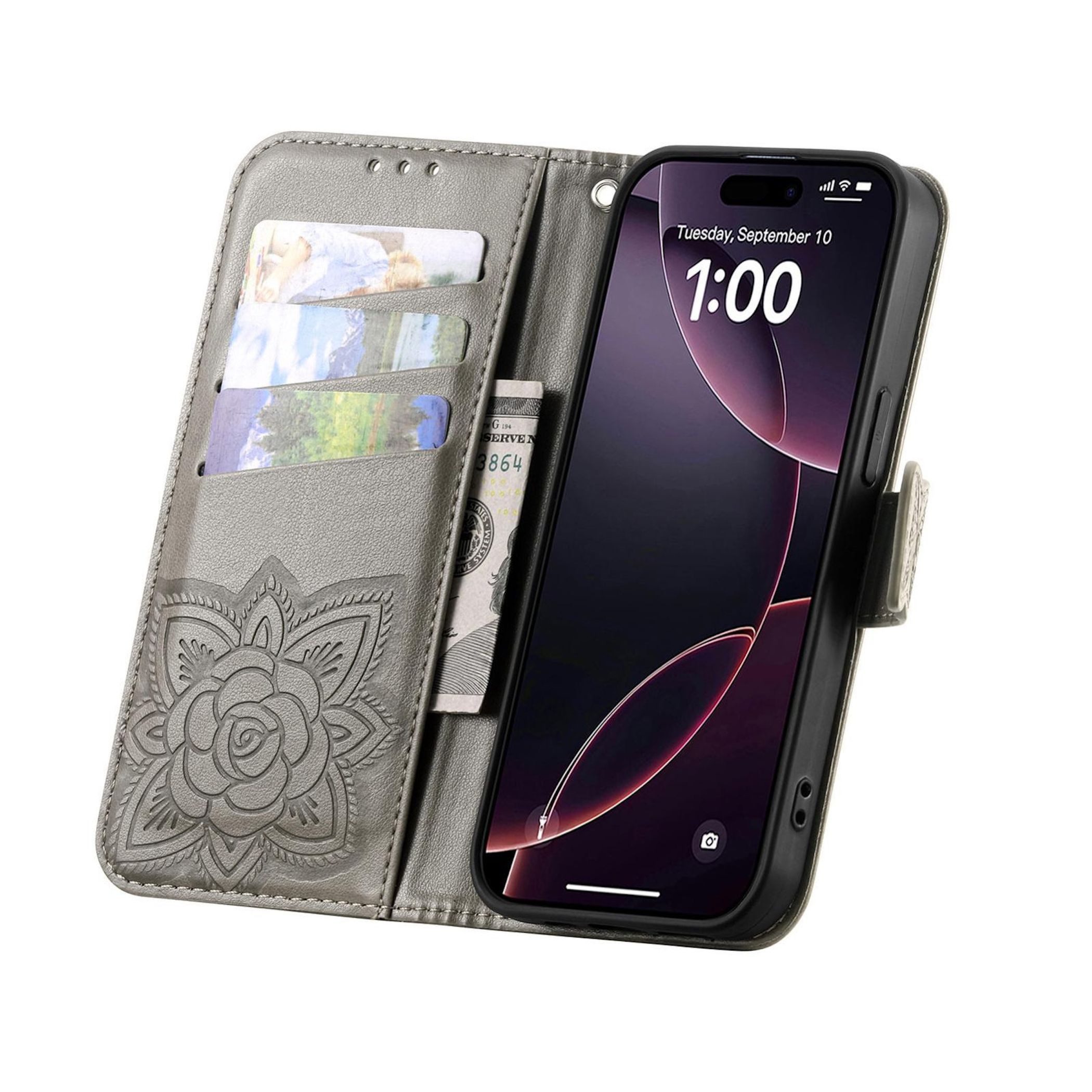 Wigento Smartphone-Hülle Für Xiaomi Redmi 15C 5G / 4G Kunstleder Schmetterling Book Hülle Grau, Kunst-Leder Schutzhülle Smart Case Cover magnetischer Verschluss