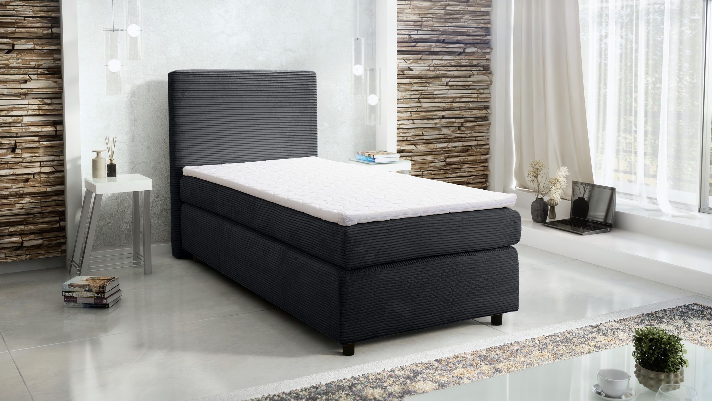 Küchen-Preisbombe Boxspringbett Hotelbett Bonellfederkern Graphite Topper 90x200 Bett Cordstoff Paxos