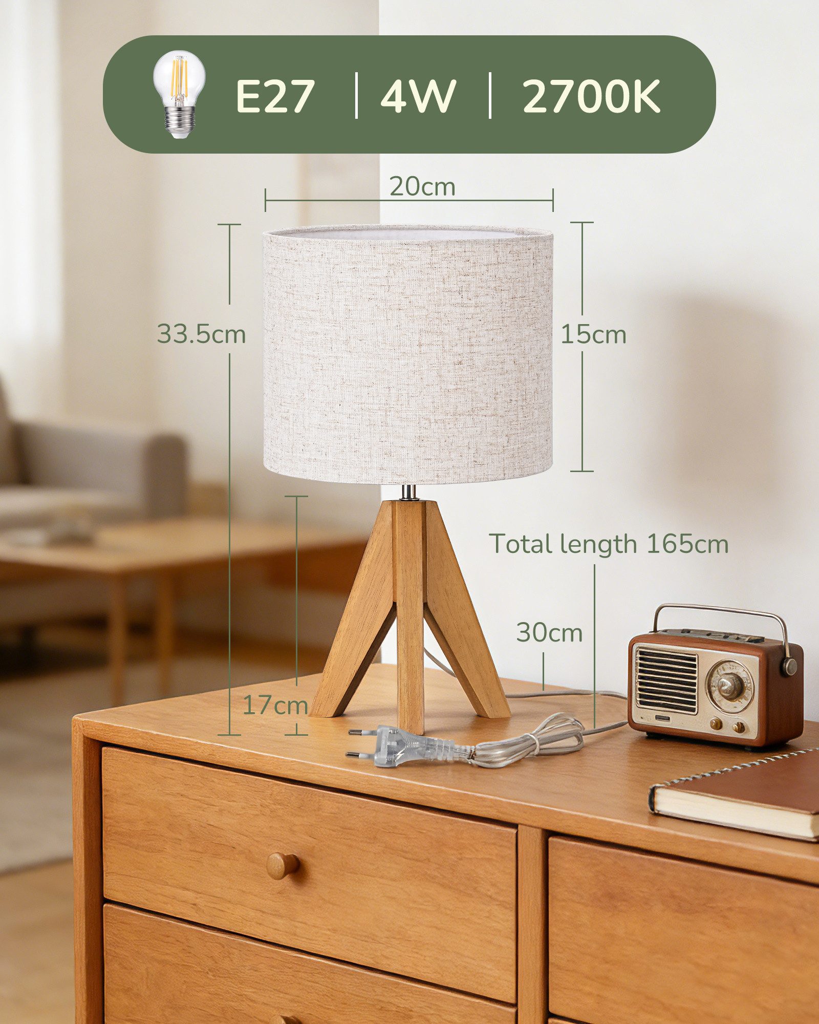 EDISHINE Nachttischlampe Vintage Tischlampe Holz mit Stoffschirm, inkl. Leuchtmittel, LED wechselbar, Warmweiß, Lampenschirm aus Leinen, für Deko, Schlafzimmer, – Bild 4 von 5