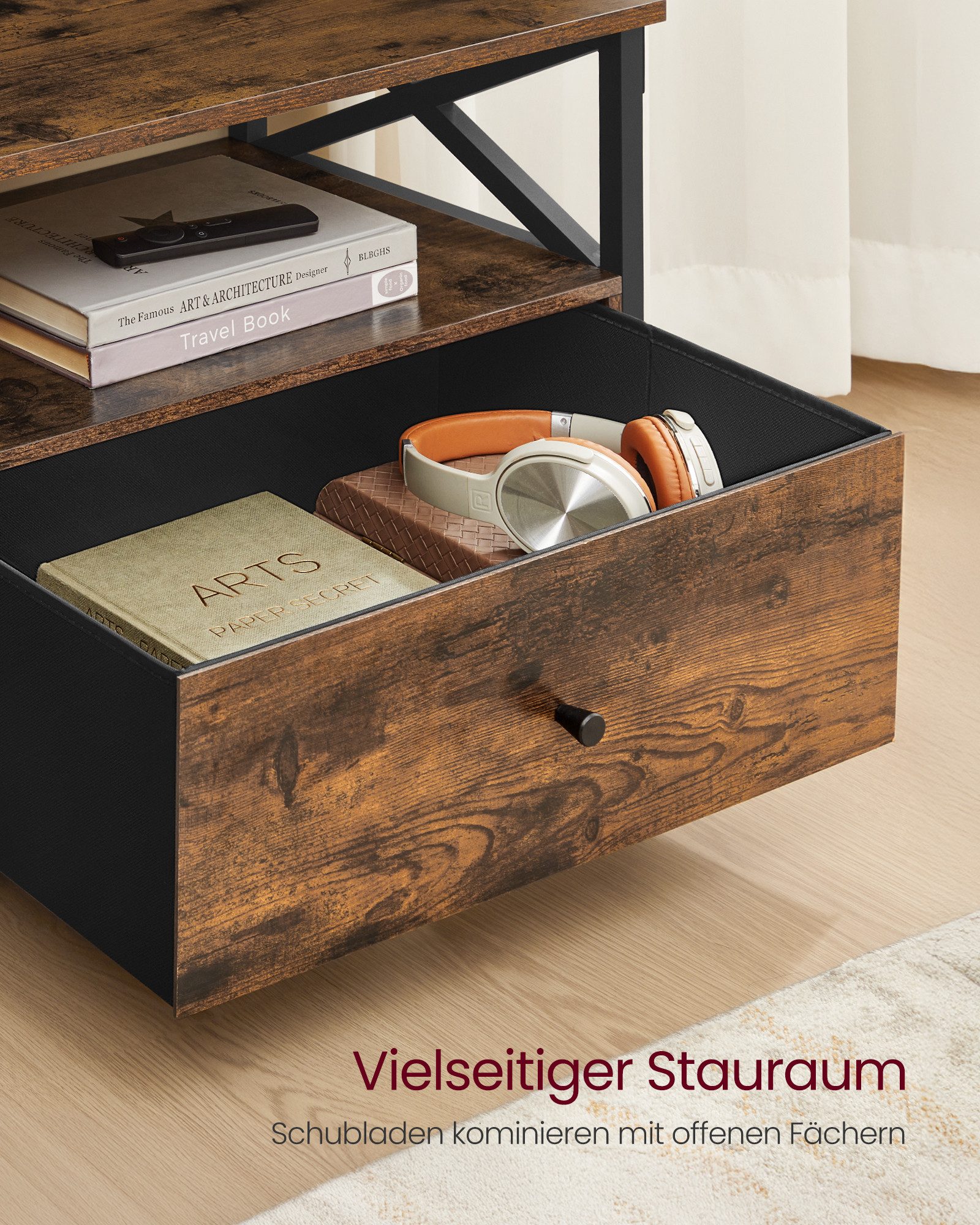 VASAGLE TV-Schrank mit Stahlgestell, für Fernseher bis 65/80 Zoll Fernsehtisch mit 3 Stoffschubladen und 3 offenen Fächern