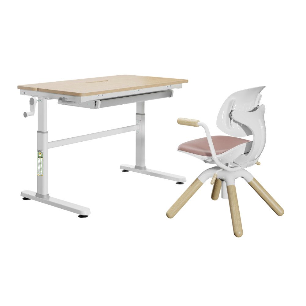 HOKO Kindertisch Schülerschreibtisch höhenverstellbar+ Lernstuhl Kinder Lern-Set (100×60cm / 120×60cm) + Neigbare Tischplatte, Schubladen, Mitwachsend, Kinder ab 6 Jahren)