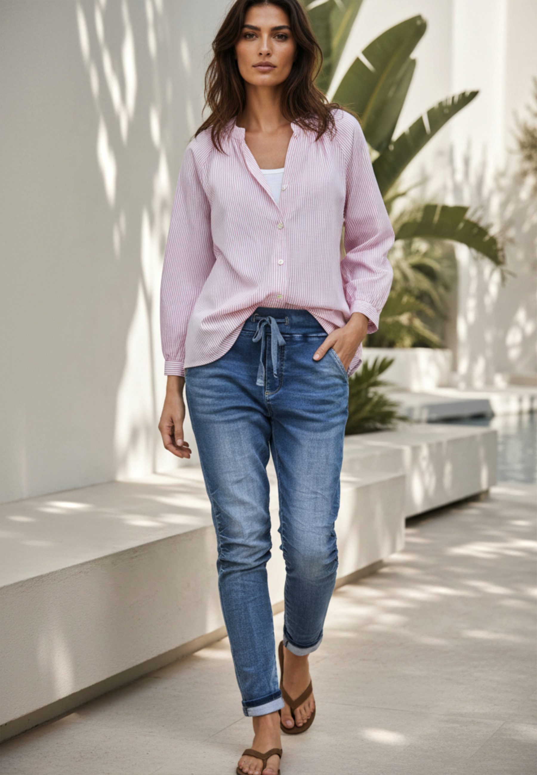 Andijamo-Fashion Hemdbluse RIVIERA STRIPE Gestreifte Baumwollbluse mit kleinem Stehkragen