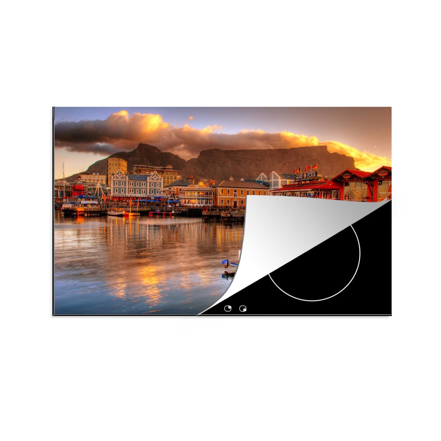 MuchoWow Herdblende-/Abdeckplatte Ein Blick auf den Tafelberg mit den bunten Häusern von Kapstadt, Vinyl, (1 tlg), 83x51 cm, Ceranfeldabdeckung, Arbeitsplatte für küche