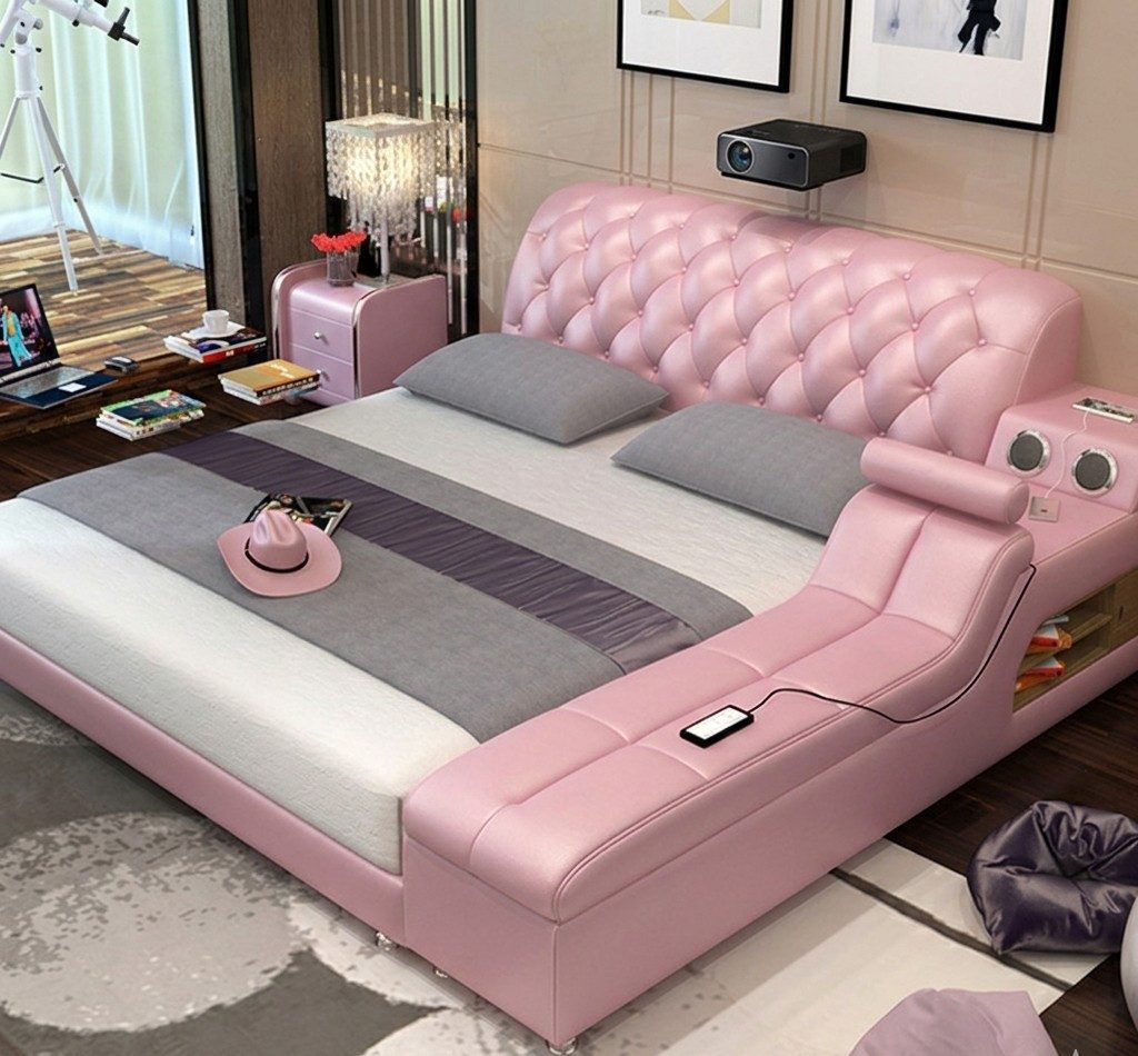 JVmoebel Multimediabett Multifunktionales Bett Moderner Stil Rosa Farbe Holzrahmen Weich (2-tlg)