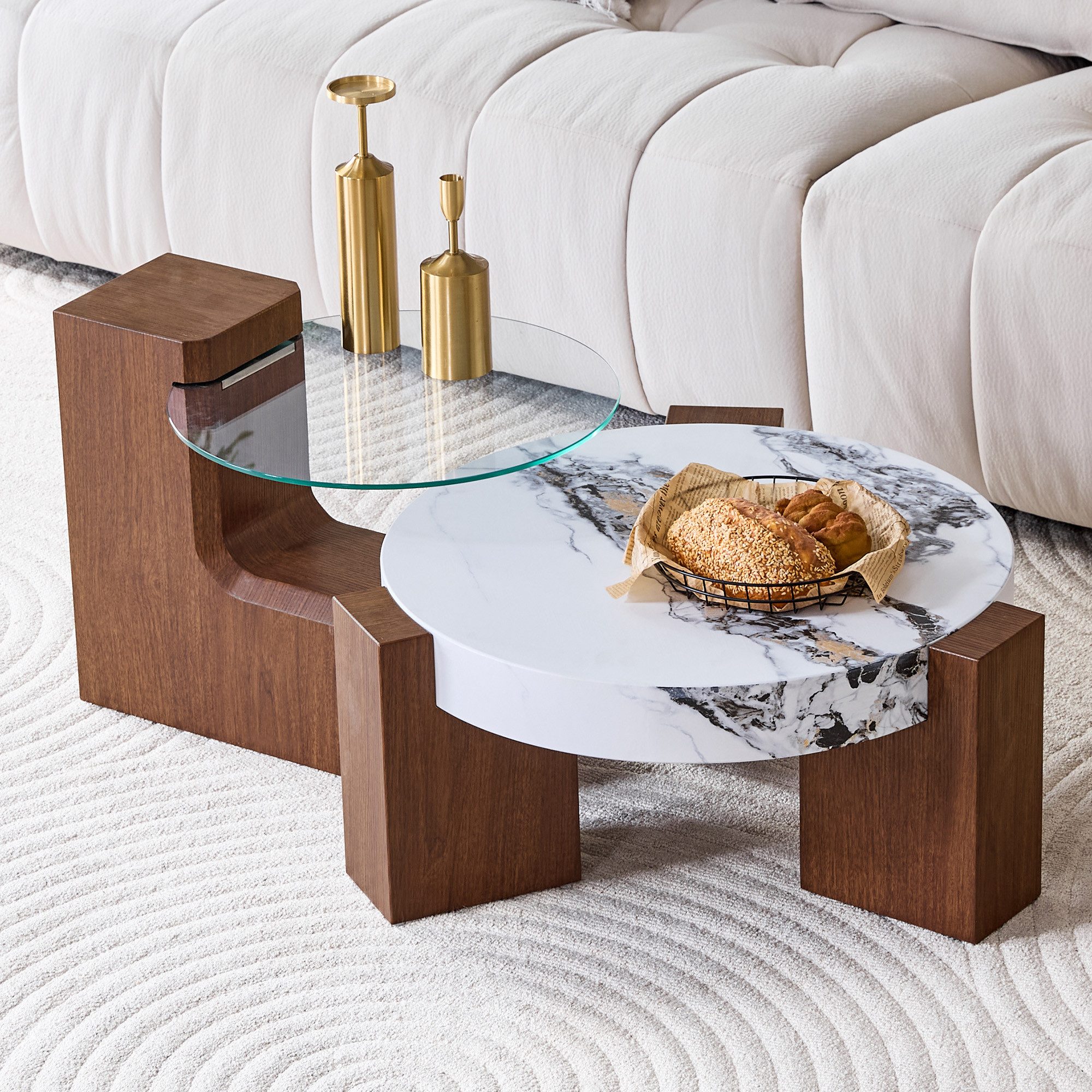 HAUSS SPOLE Couchtisch 2-tlg zweistöckig Beistelltisch Sofatisch mit L-Fuß MDF Nussbaum (Wohnzimmertisch mit 0,6 cm dickes transparentes Sicherheitsglas), Sofatisch-Set mit L-förmige Tischbeine und verstärkter MDF-Rahmen