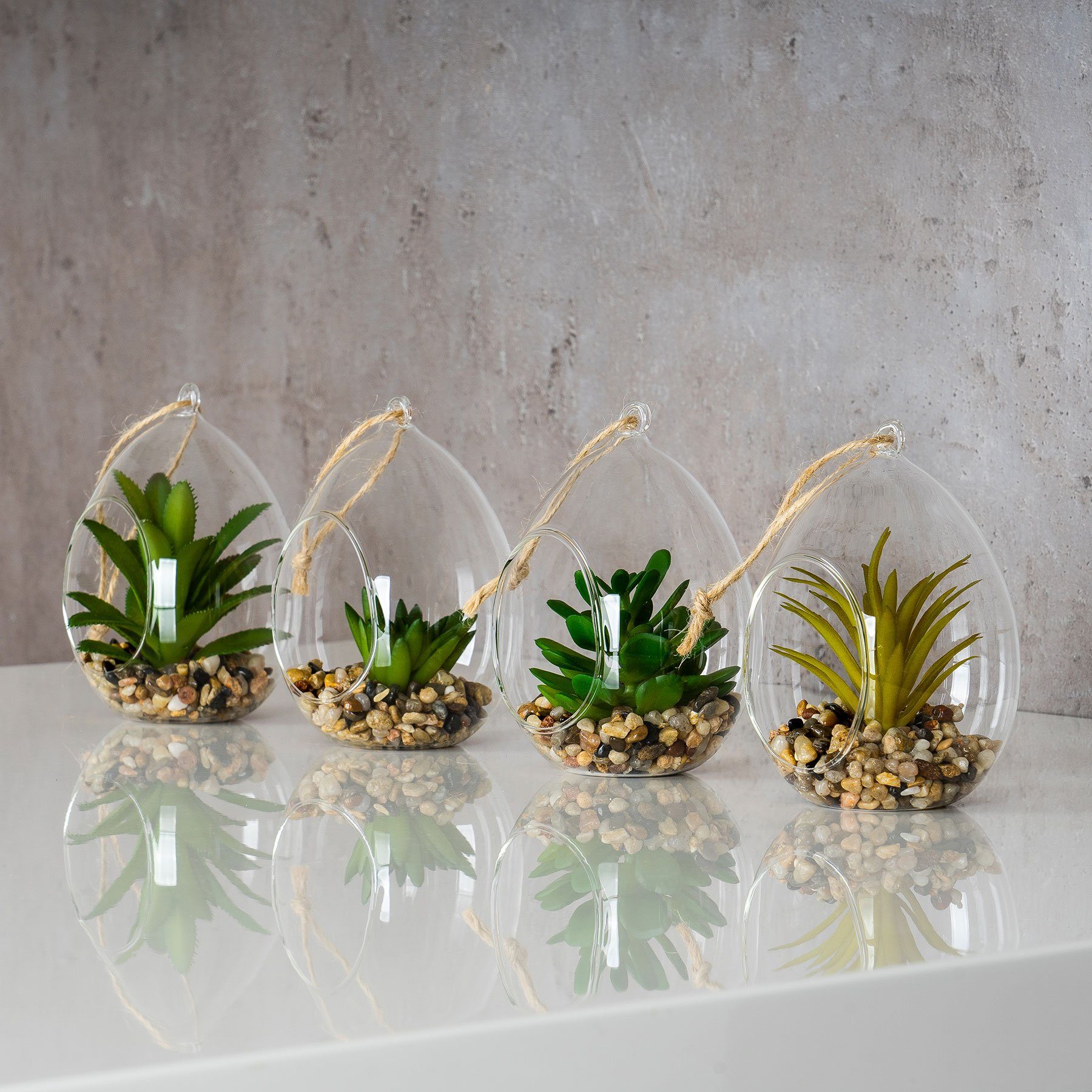 Levandeo® Dekoobjekt, 4er Set B Glas x H Grün Kunstpflanze 8,5x12,5cm Sukkulenten