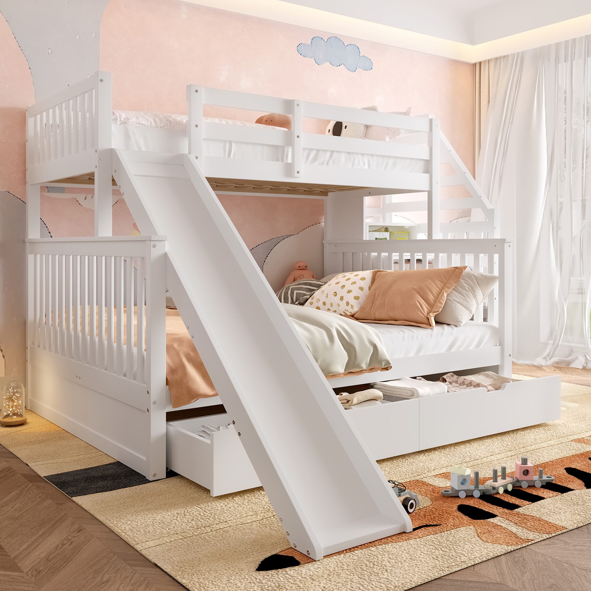 Flieks Etagenbett, Kiefer Kinderbett mit Rutsche & Schubladen 90x200cm+140x200cm