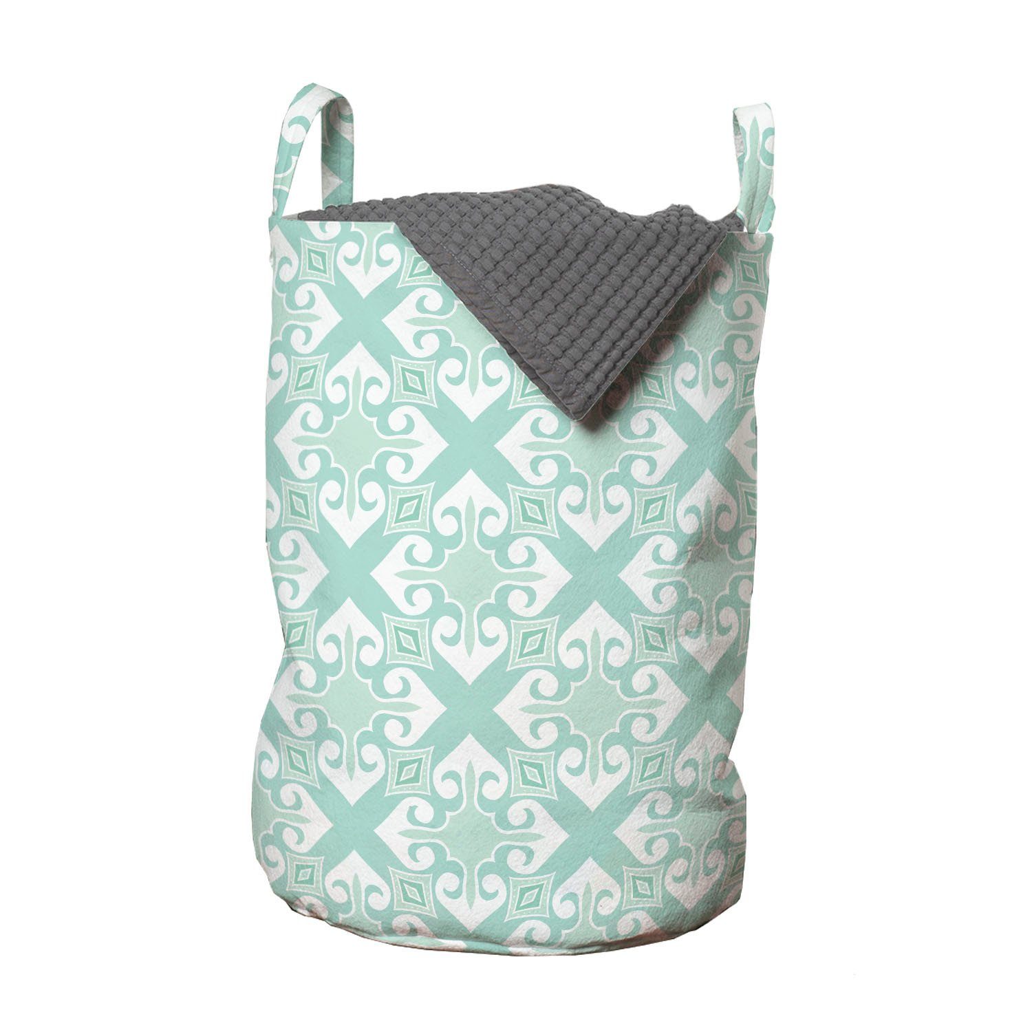 Abakuhaus Wäschesäckchen Wäschekorb mit Griffen Kordelzugverschluss für Waschsalons, Teal und Weiß Mosaik-Blumendetail | Wäschesäcke