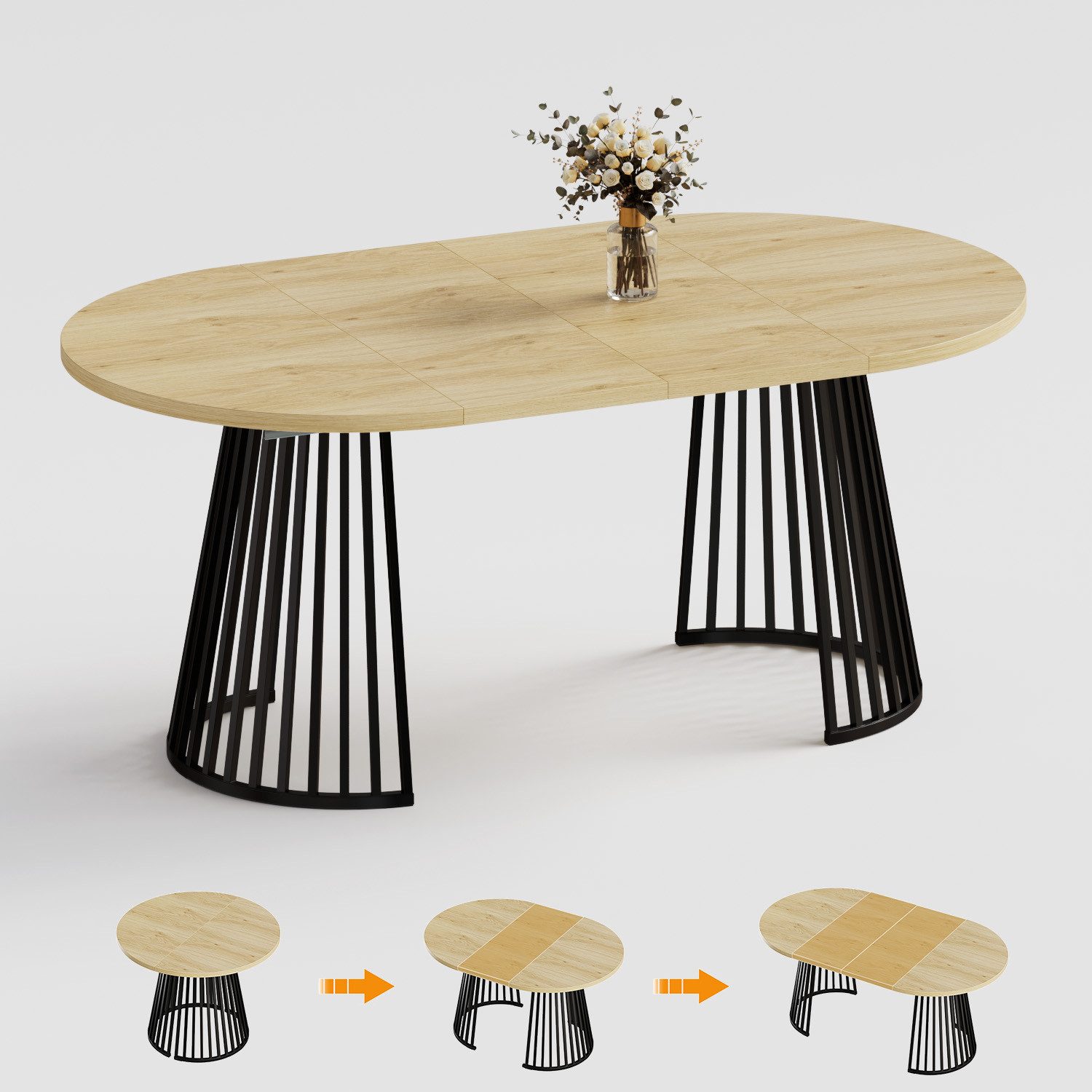 TWSOUL Rund/Oval ausziehbar 100–140–180 cm, 4–8 Personen, 2 Einlegeplatten, Loft-Stil Küchentisch, Saulengestell mit Rillenstruktu Metallbeinen