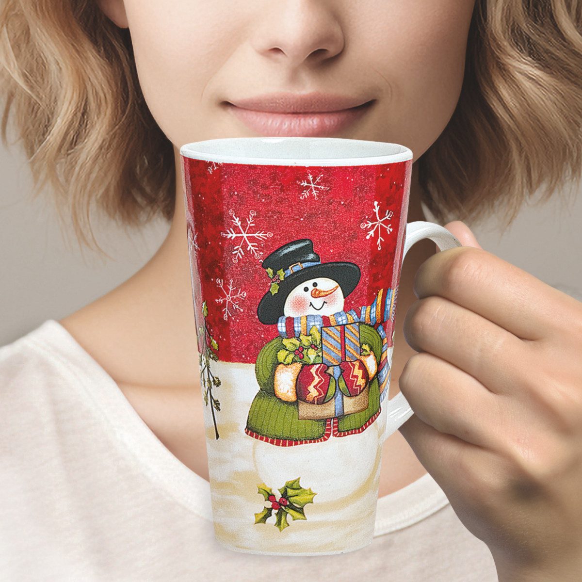 matches21 HOME & HOBBY Tasse Grosse XXL Weihnachtstassen 4er Set Schneemänner amerikanisch, 4-tlg., Keramik, Tee Kaffee-Becher, modern Vintage, rot grün bunt, 500 ml