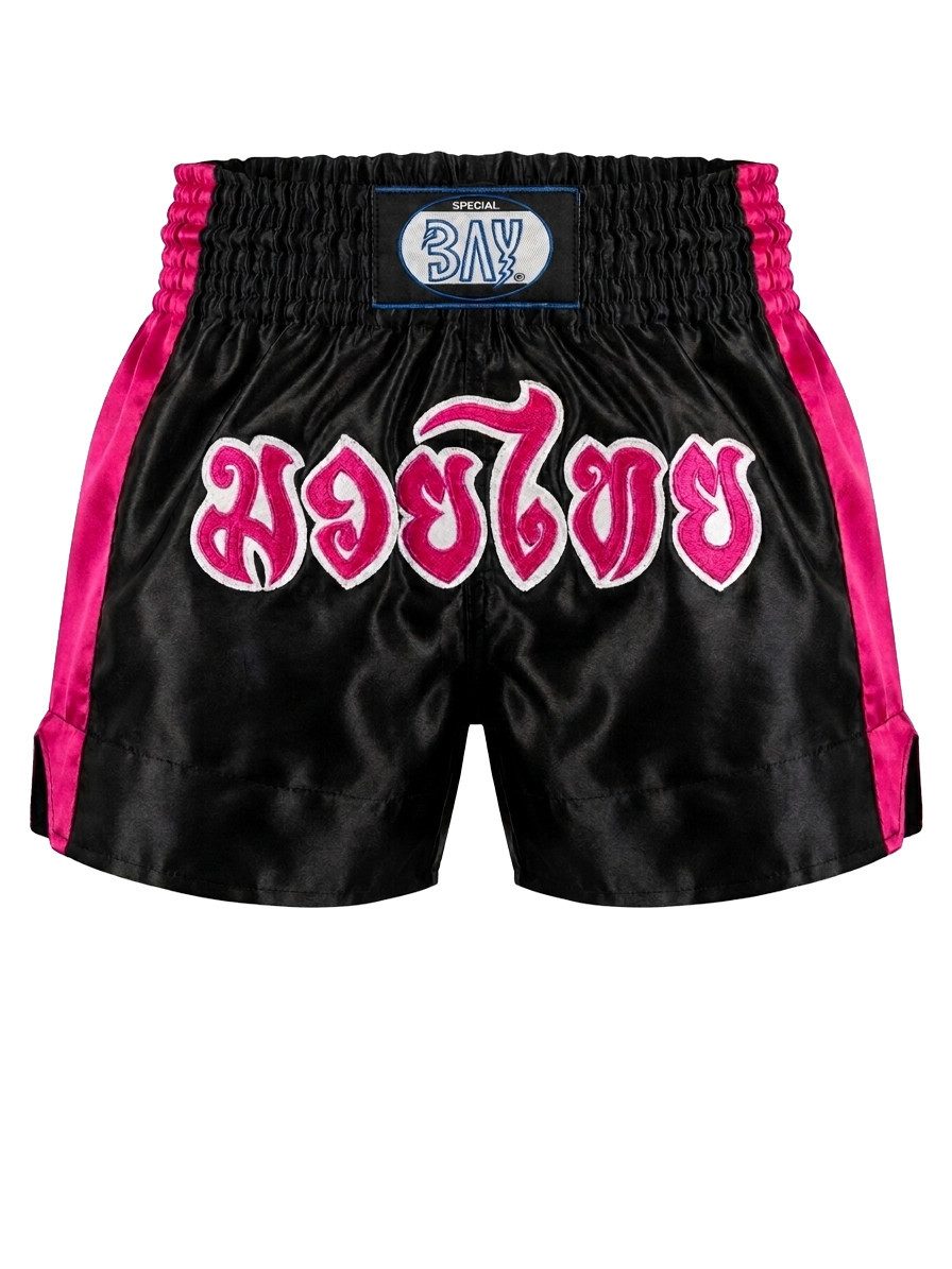 BAY-Sports Sporthose Thaiboxhose Thaiboxen Hose Shorts Muay Thai Kick REMY schwarz/pink (Stück) Glänzendes Polyester, Aufgenähte Thai Schrift, Edel