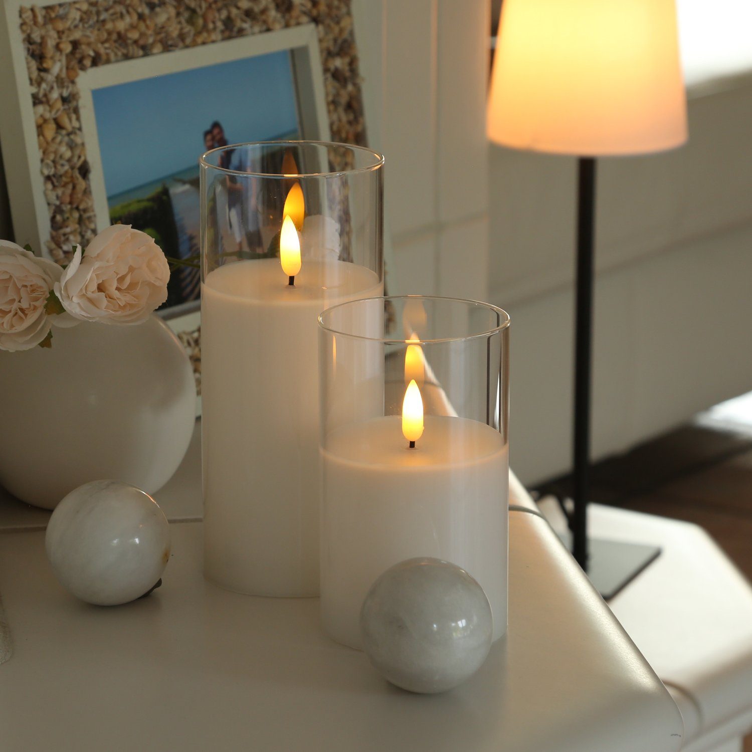 MARELIDA LED-Kerze LED Kerze im Glas Windlicht Echtwachs Timer H: 12,5cm D: 7,5cm weiß, LED Classic