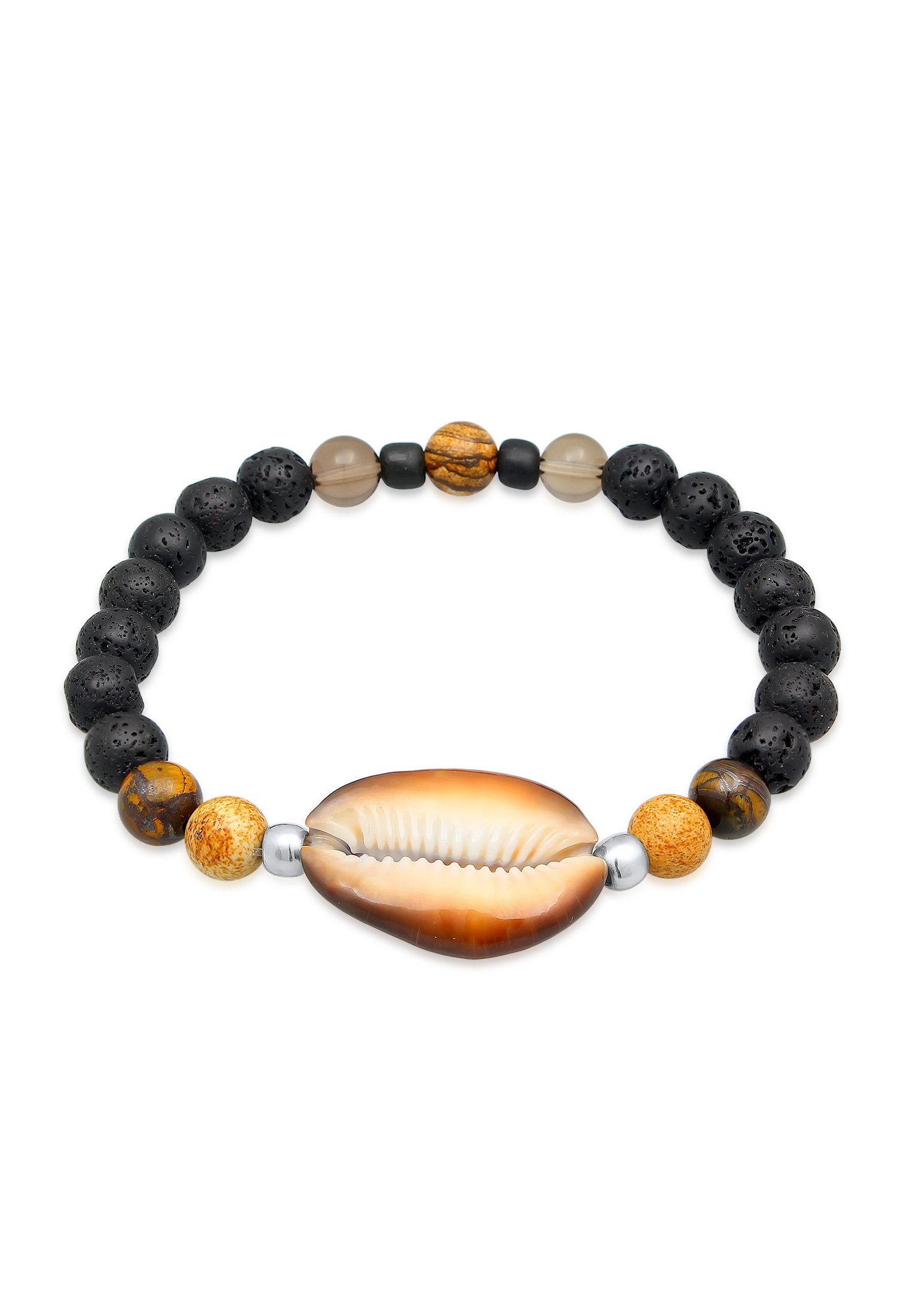 Kuzzoi Bead-Armband-Set Herren Lava Tigerauge Kauri Muschel 925 Silber