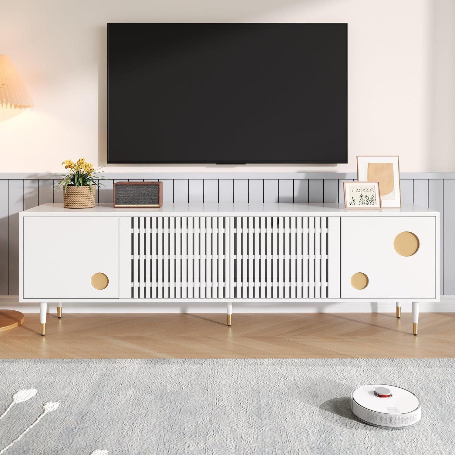 Lowboard Lowboard TV Gitterstruktur Golddekor Massivholz Türen Weiß 170x36x54cm