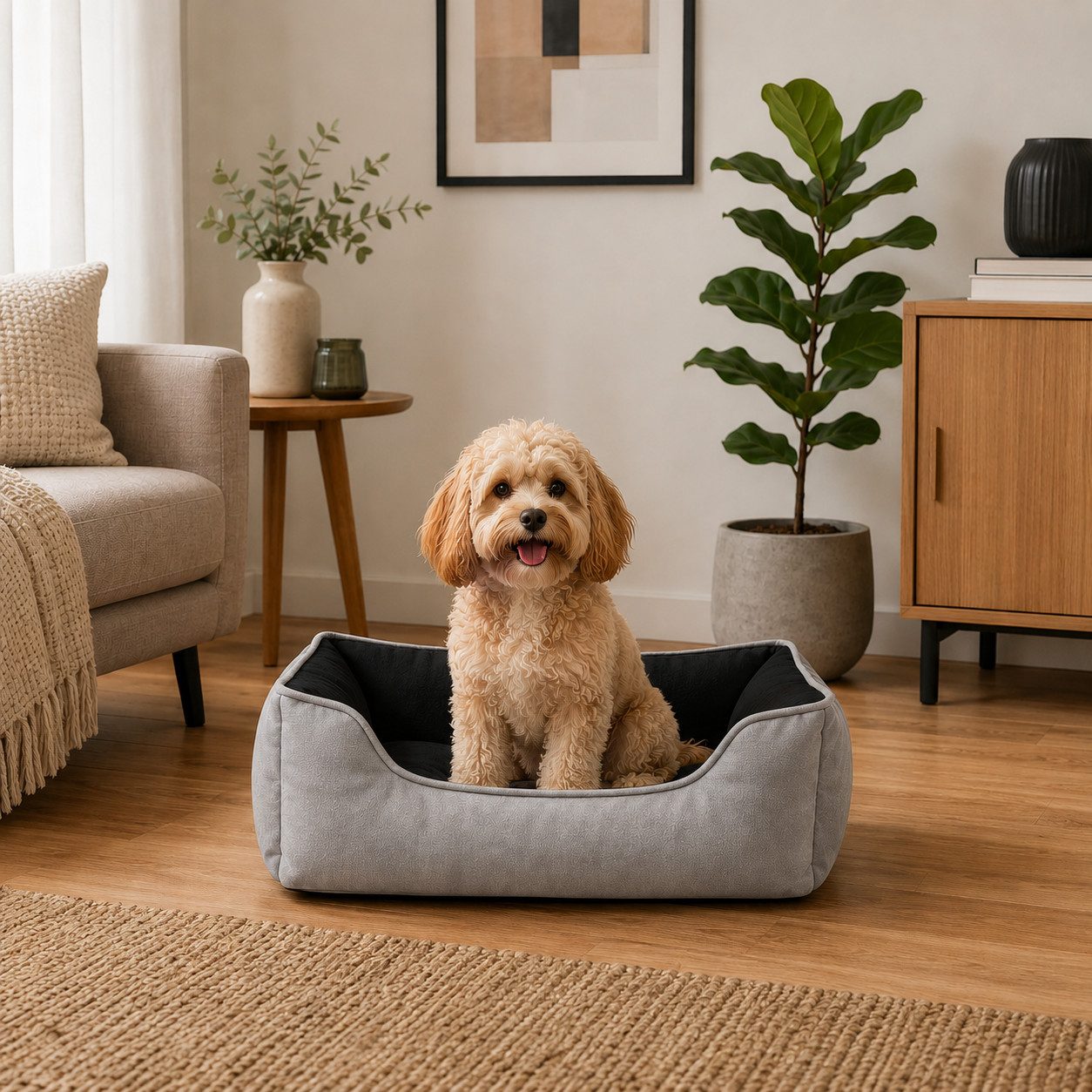 belviona Tierkissen weich gepolstert & pflegeleicht, 60x50 cm, schwarz/grau, Wildlederimitat, Wendbares Hundekörbchen mit 2-in-1 Funktion