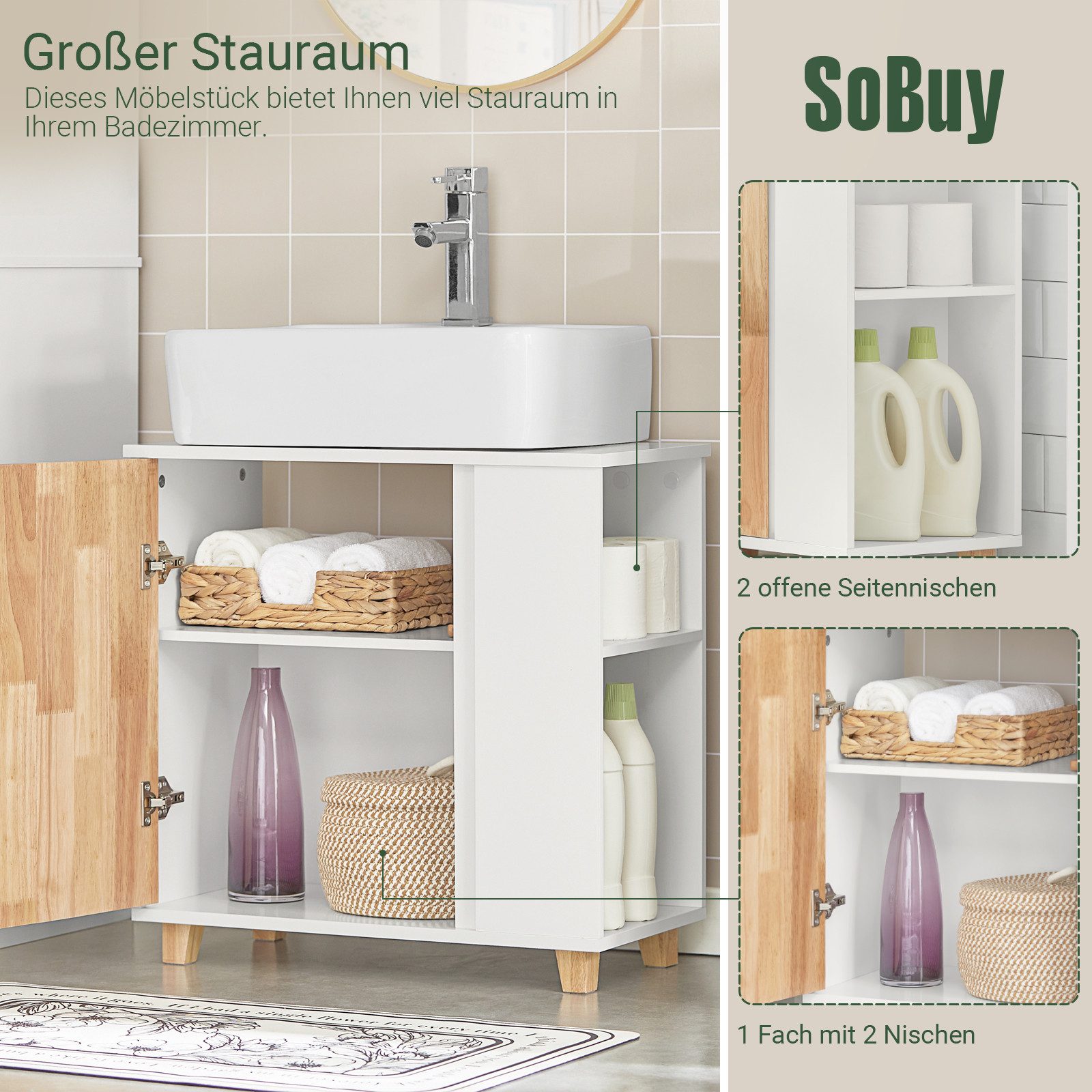 SoBuy Waschbeckenunterschrank mit 2 offenen Fächer Holz Weiß 60 cm BZR75-W günstig online kaufen