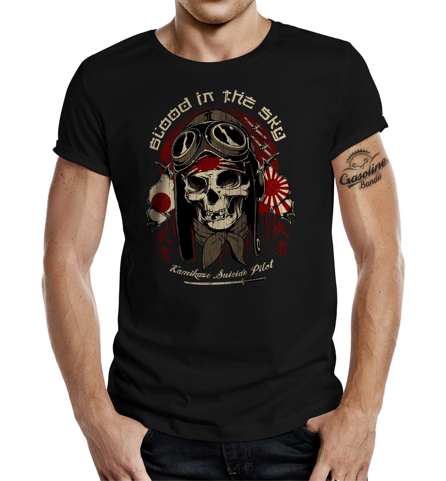 GASOLINE BANDIT® T-Shirt Air-Force Pilot Flieger Army Shirt: Kamikaze Blood in the Sky