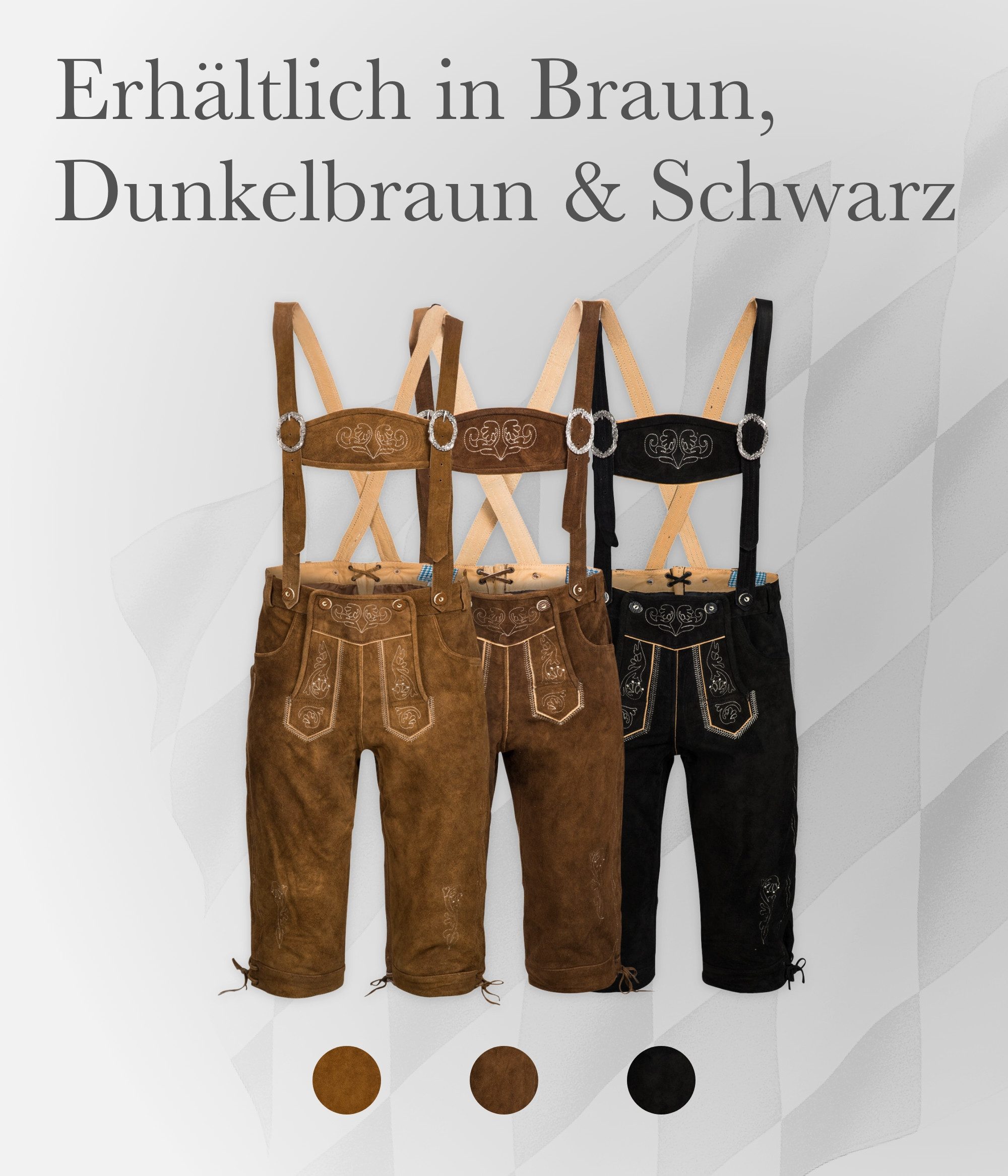 Spirit of Bavaria Trachtenlederhose aus 100% Echtleder I Lederhose Herren mit Träger I Tracht Hose Männer (I Traditionelle Trachtenlederhose für Herren, I Kniebund Oktoberfest Outfit Trachtenhose 506)