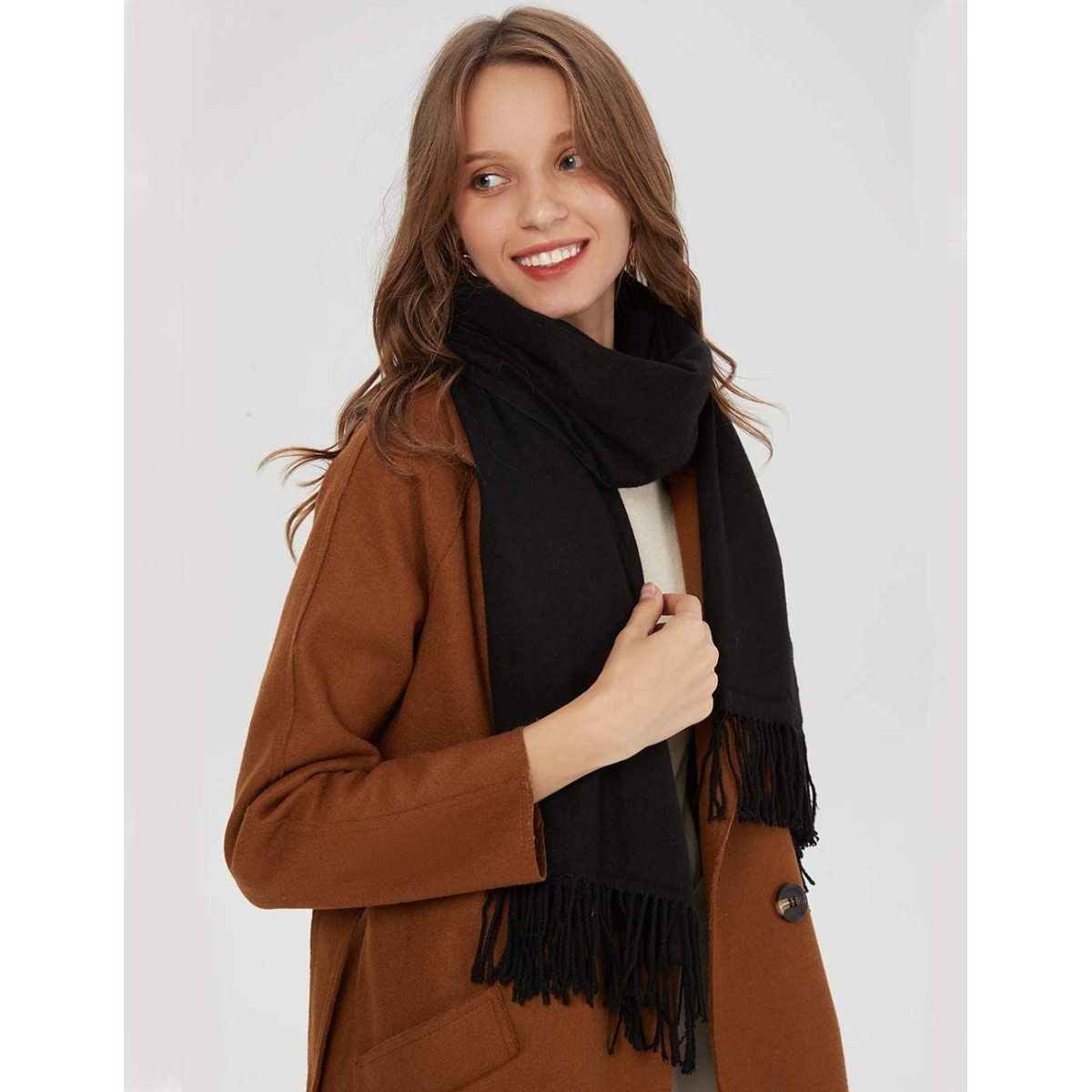Jormftte Halstuch Schal Warm mit unifarben quasten,Einfarbig Schwarz Herbst Baumwolle Winter