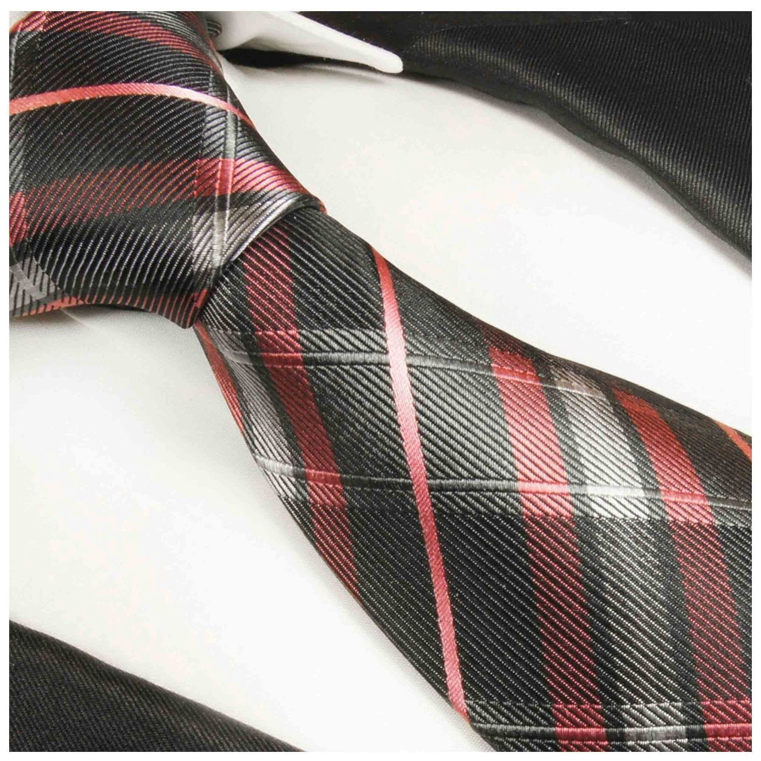 Paul Malone Krawatte gestreift mit Krawatte 2-St., schwarz mit Seidenkrawatte Herren Tuch 2014 Seide 100% pink Einstecktuch) (8cm), Schottenmuster (Set, Breit
