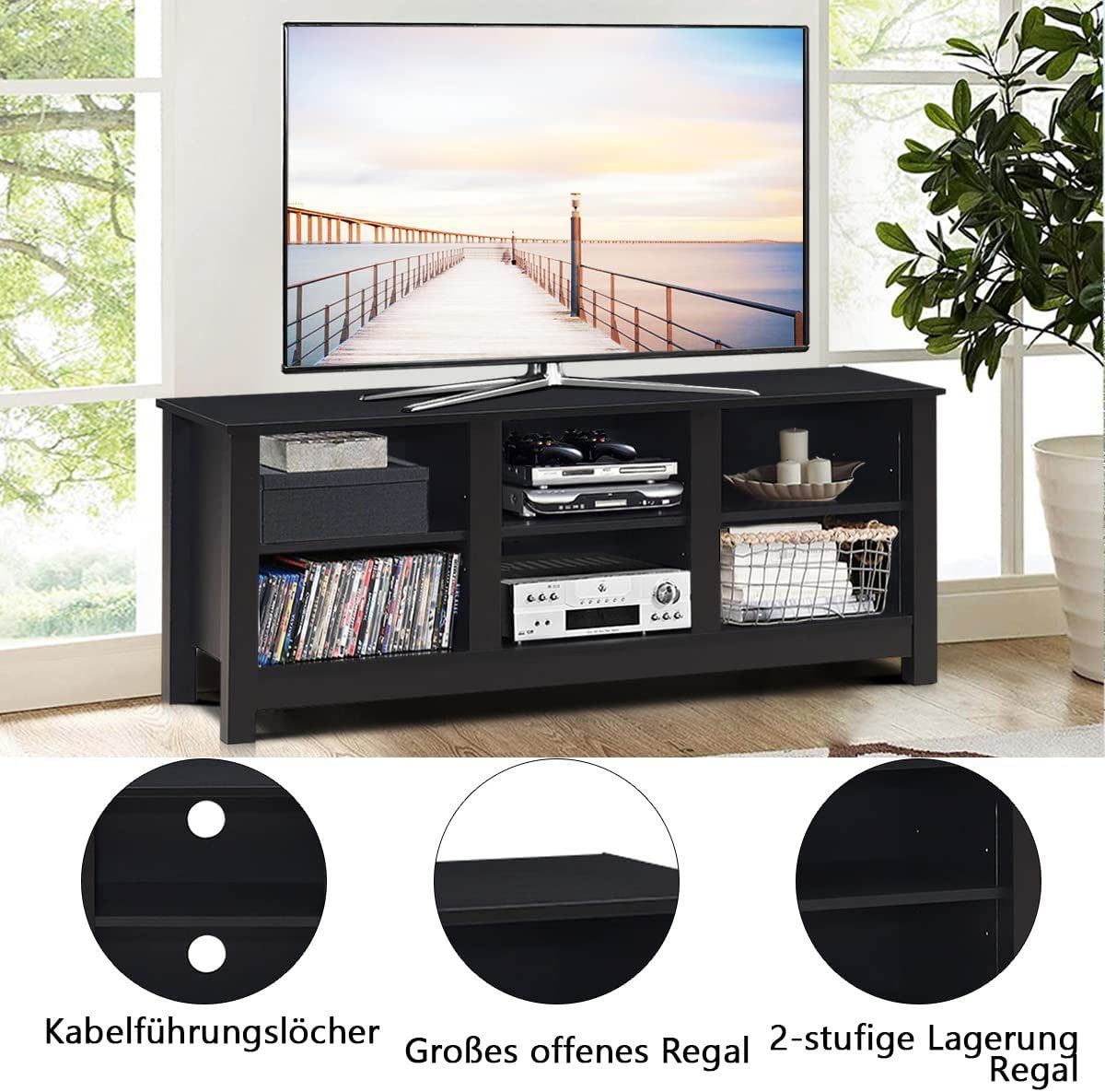 KOMFOTTEU TV-Schrank Verstellbarer schwarz mit Regale Fernsehtisch