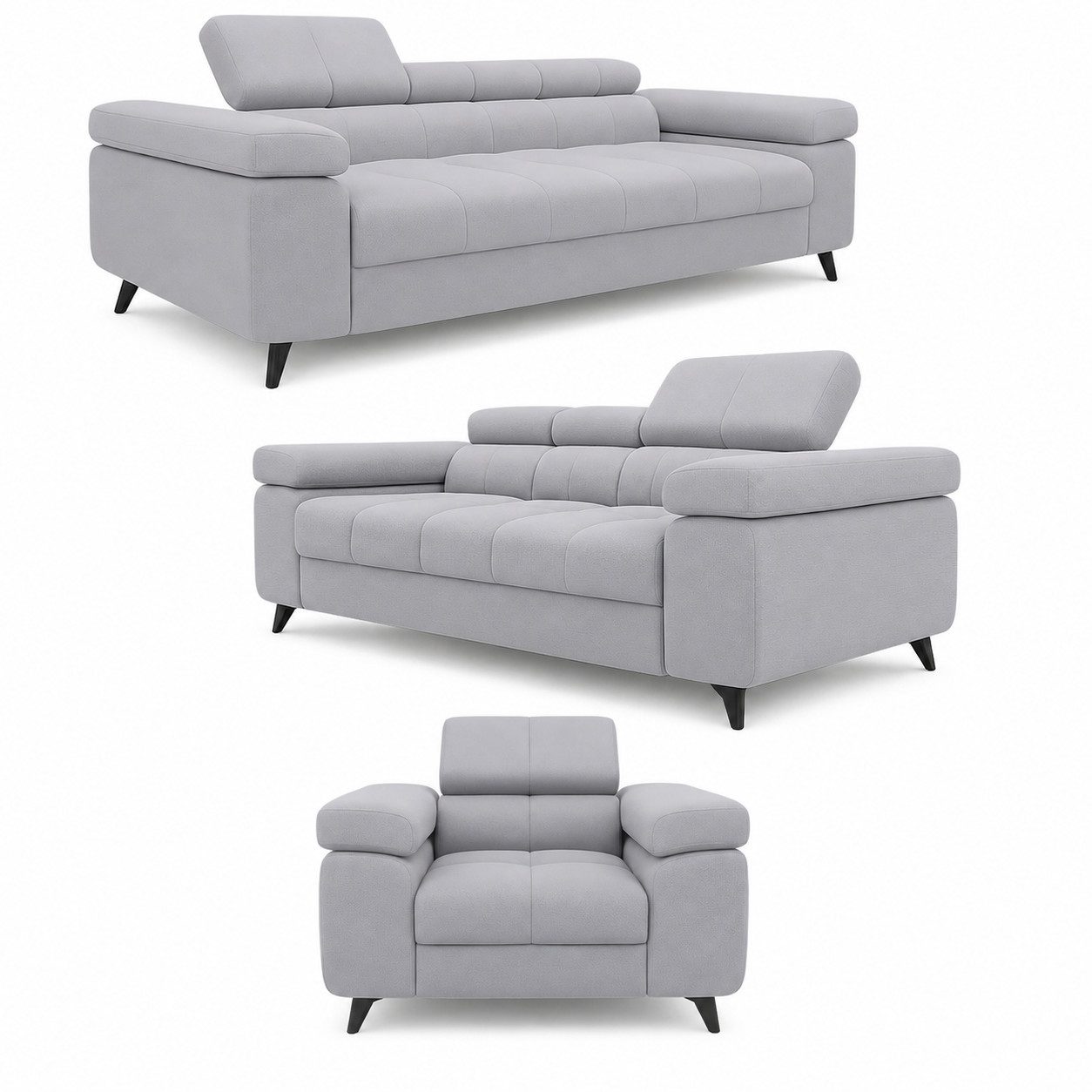 inter Wohnlandschaft Polstergarnitur Set Utah Samt-Bezug Velvet, Set 3-2-1, Silbergrau, mit Bettfunktion und verstellbaren Kopfstützen