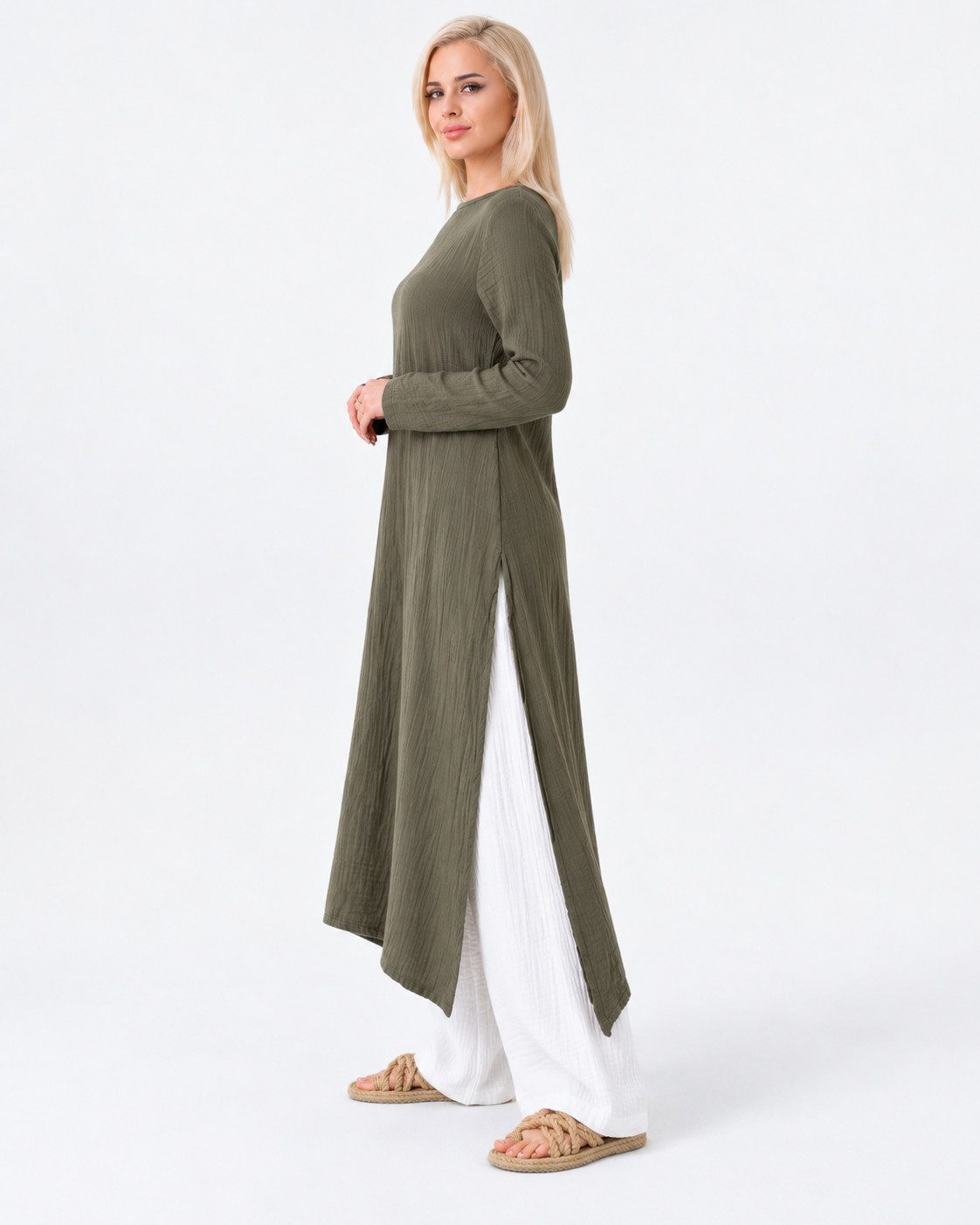 WENOR Longtunika Damen Musselin Longbluse Langarm mit Seitenschlitzen Modest Fashion extra langer Schnitt für bedeckte Looks – Bild 4 von 5