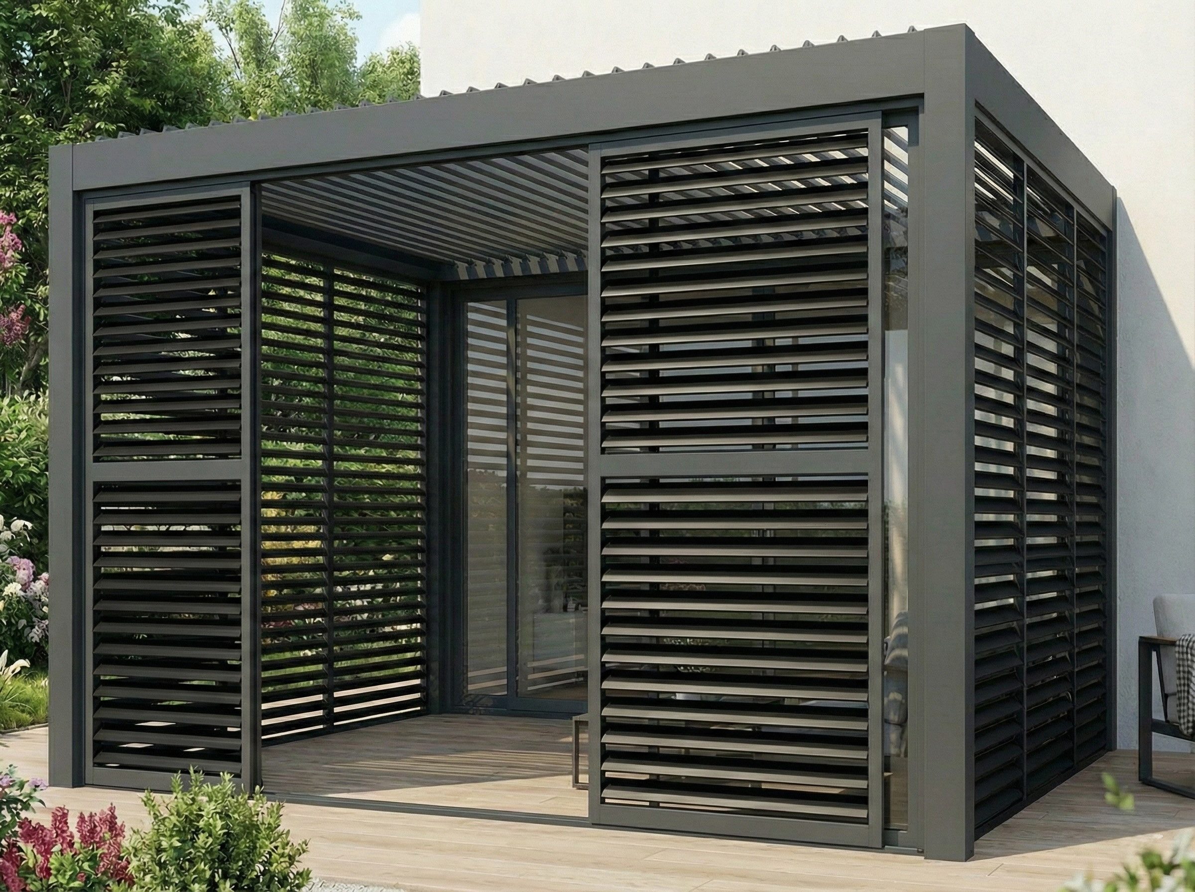 MCW Terrassendach Pergola 3x3m oder 3x4m Terassenvordach mit Rollos Lamellen anthrazit, Bedachung Lamellendach