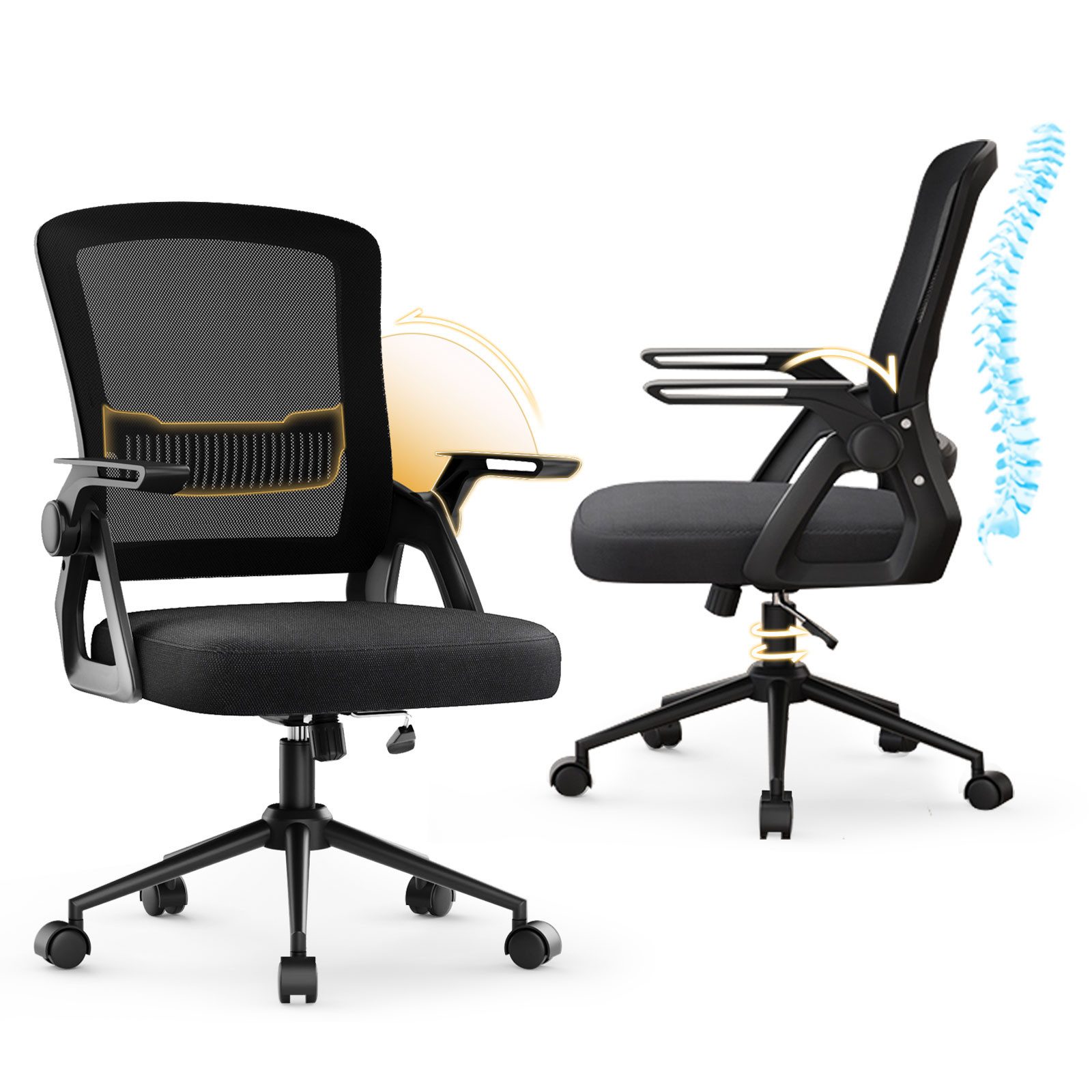 ZAISZE Bürostuhl Ergonomischer Bürostuhl mit Mesh-Rückenlehne und Lendenstütze (Verstellbarer Armlehnen, Atmungsaktiv, Höhenverstellbarer Schreibtischstuhl mit 90° Klappbaren Armlehnen), Verlängerte und Verbreiterte Rückenlehne, Drehstuhl fürs Homeoffice