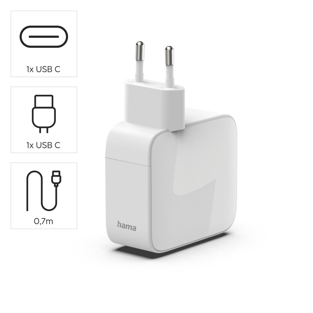 Hama Schnellladegerät mit ausziehbarem Ladekabel, 2x USB-C, 65 W, Weiß Schnelllade-Gerät (Power Delivery, Fast Charge, GaN-Technologie, USB-C-Kabel integriert)