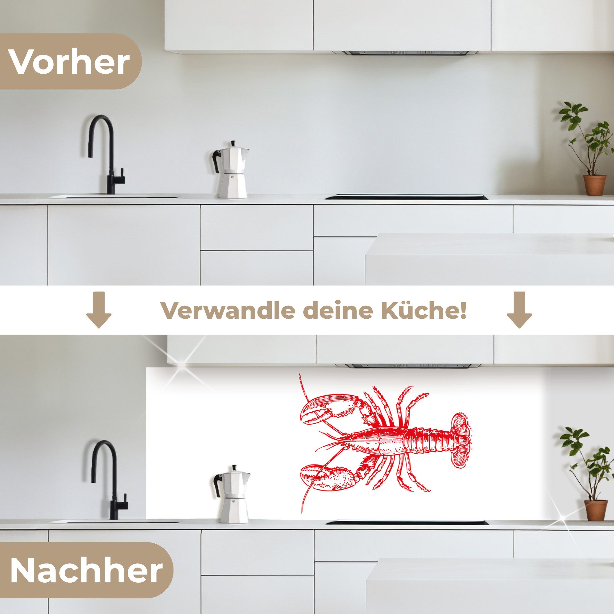 KitchenYeah Küchenrückwand selbstklebend (keine Folie) Krebs - Rot - Weiß, (1-tlg), Spritzschutz, Küche, Rückwand, Küchenwand, Ohne Bohren, 250x80 cm