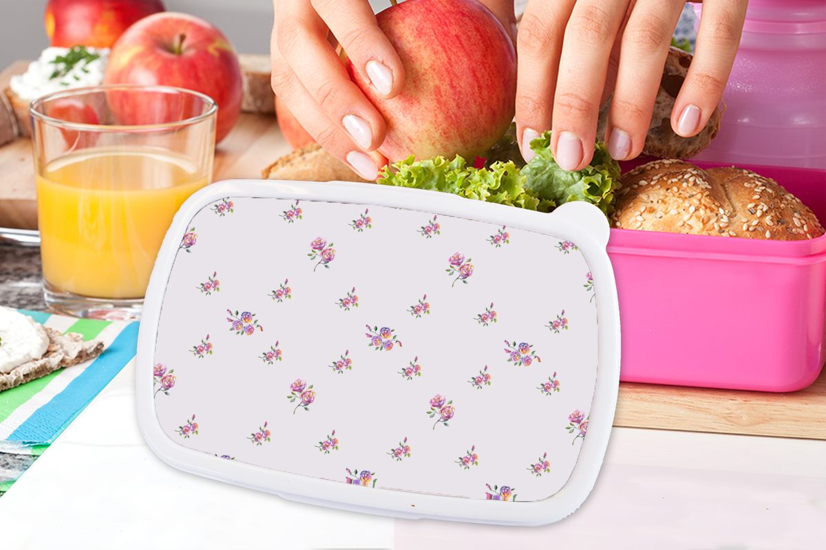 Lunchbox - Brotdose Kunststoff, Mädchen, für (2-tlg), Snackbox, Erwachsene, Kinder, Brotbox - MuchoWow Rosen Blumen, rosa Kunststoff Muster