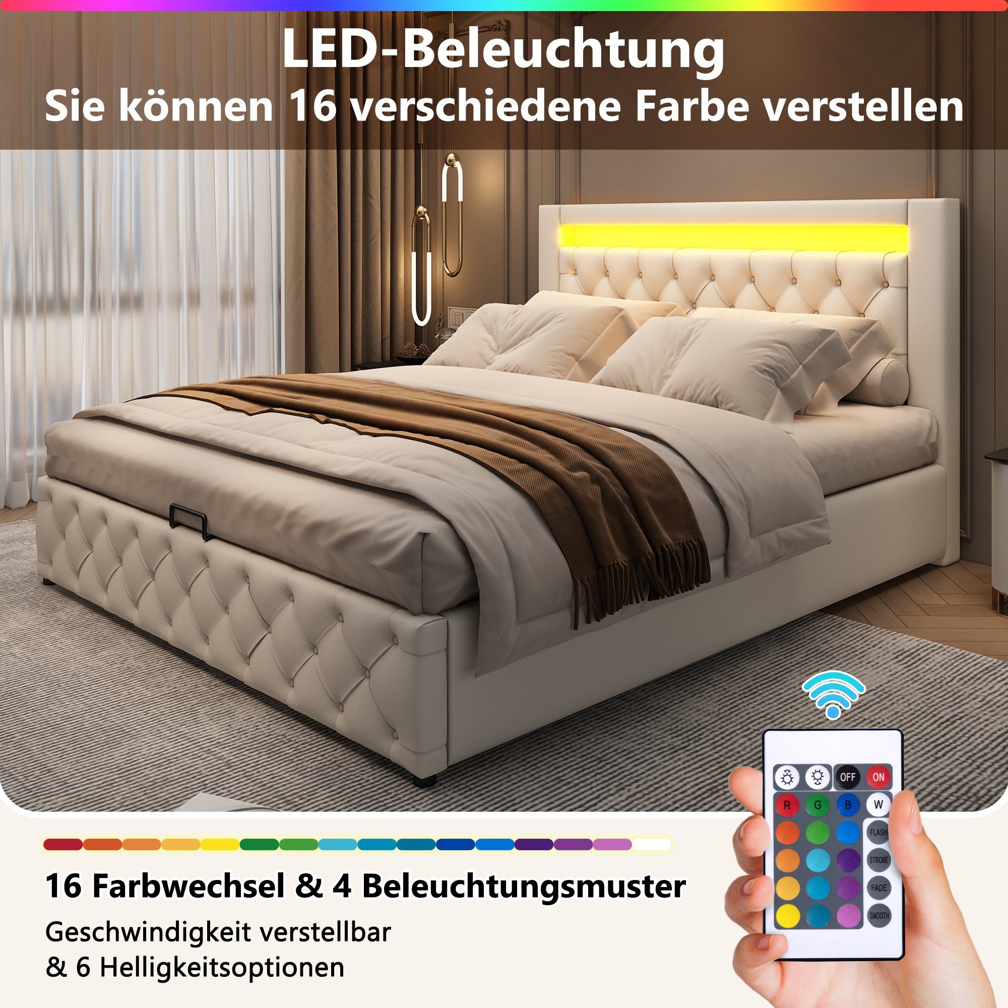 Boxspringbett (Hydraulisches Bett 140x200cm mit Bettkasten), Polsterbett mit LED-Beleuchtung, Kunstleder, weiches Kopfteil
