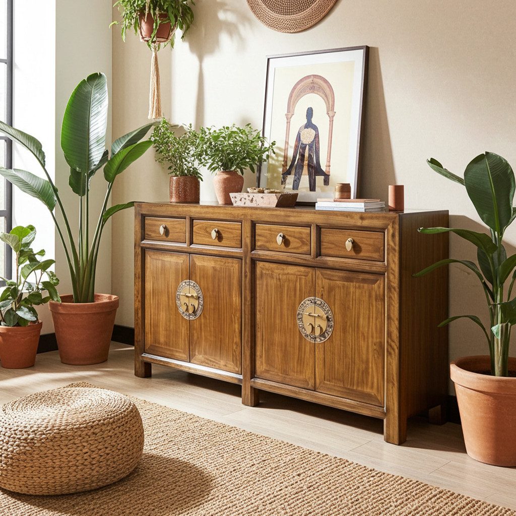 OPIUM OUTLET Sideboard Kommode Schrank Hochzeitsschrank Asia Möbel (Breite x Tiefe x Höhe: 150 cm x 40 cm x 85 cm, komplett montiert, kastanien-braun), chinesisch asiatisch orientalisch vintage