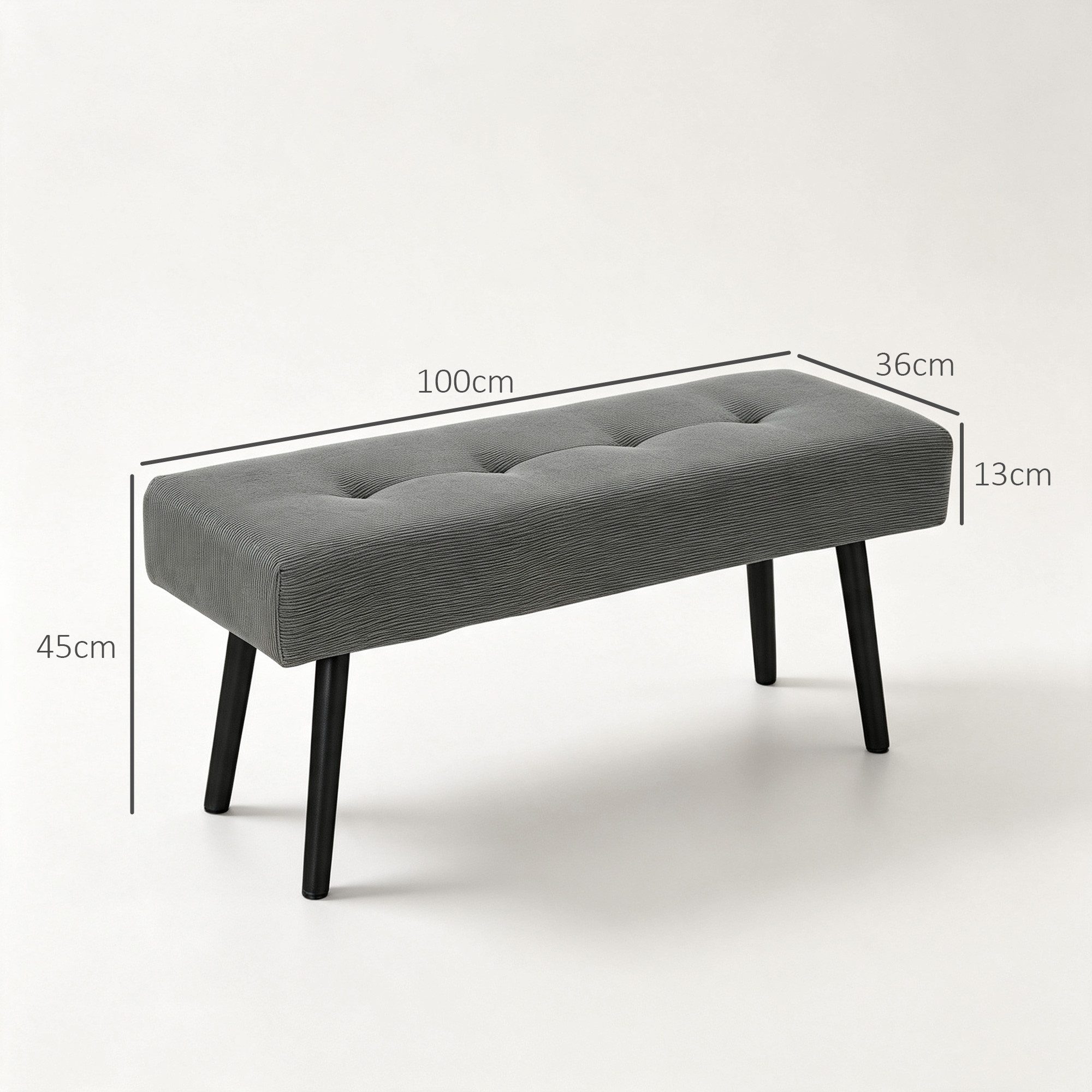 HOMCOM Polsterbank Sitzbank mit Cordbezug, Metallbeinen, Flurmöbel, 220 kg belastbar (Schuhbank, 1-St., getuftete Bettbank), für Schlafzimmer, Wohnzimmer, Flur 100 x 36 x 45 cm Grau