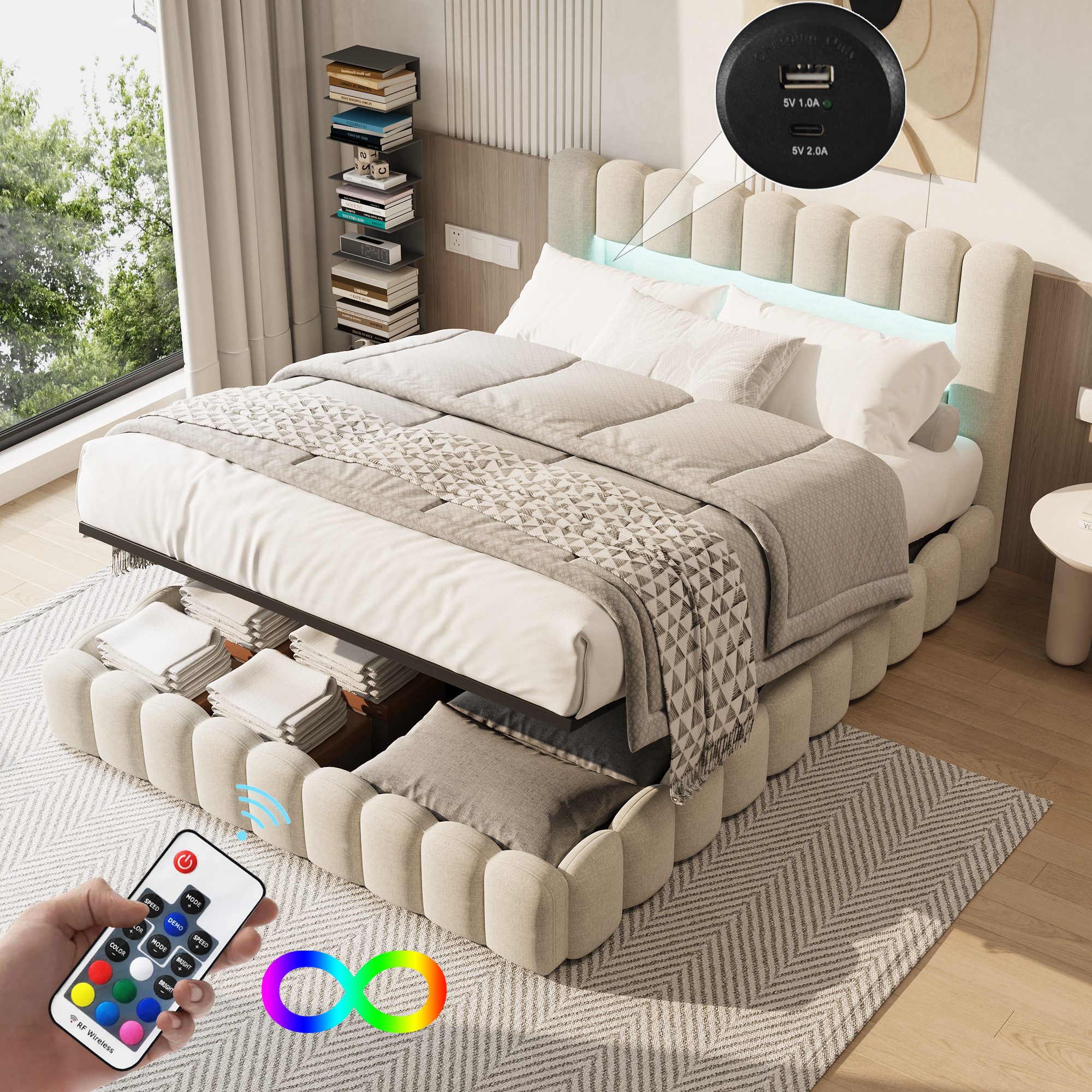 Gdood Polsterbett Stauraumbett Doppelbett LED, Leinenstoff günstig online kaufen