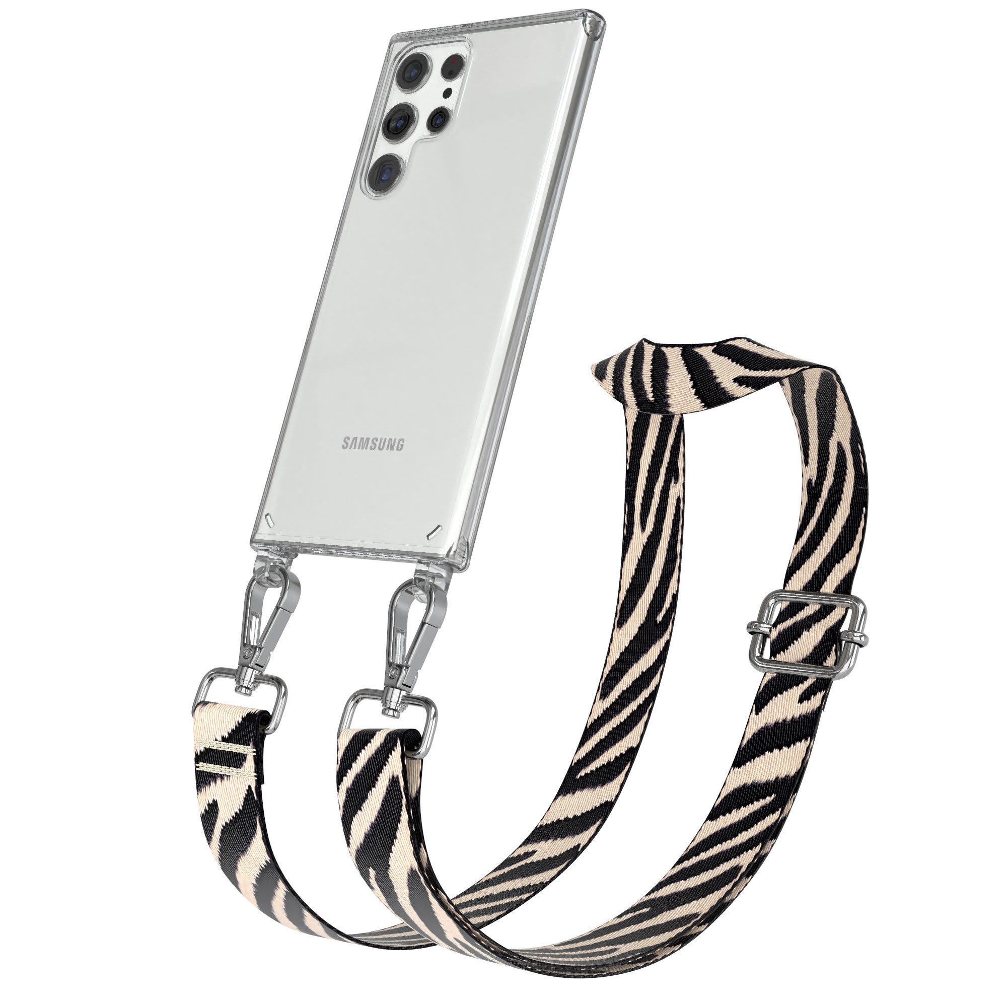 EAZY CASE Handykette Boho Umhängeband für Samsung Galaxy S22 Ultra 5G 6,8 Zoll, Verstellbarer Zebra Trageriemen Case transparent Kette Schwarz Beige